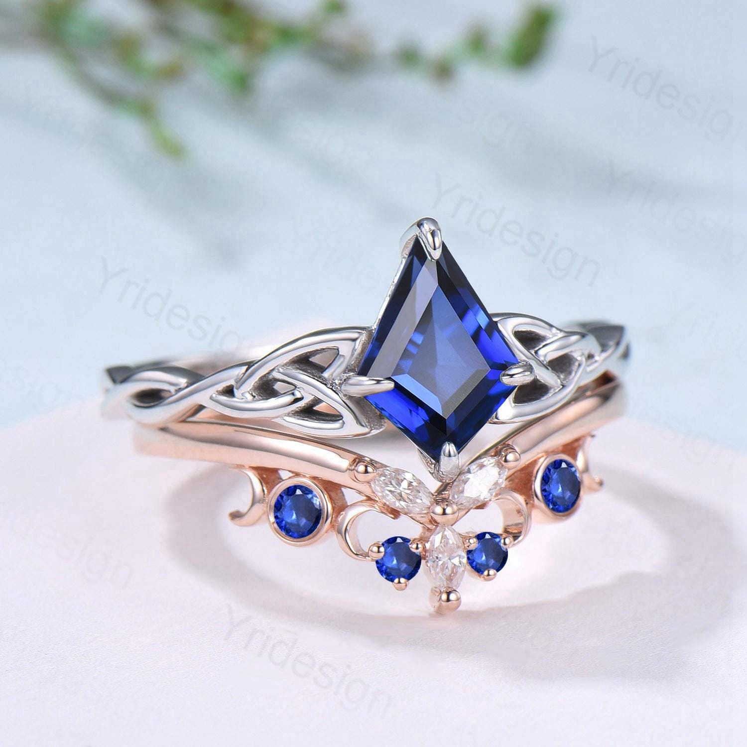 Viking Kite Cut Blue Sapphire Engagement Ring Set - Unique Celtic Love Knot & Butterfly Wedding Band - September Birthstone Jewelry for Women - Perfect for Weddings, Anniversaries & Romantic Gifts