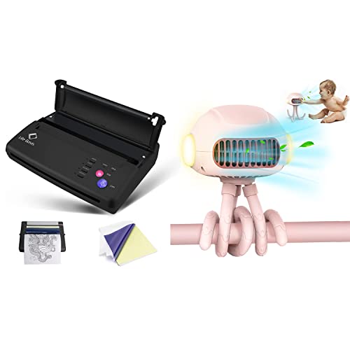 Thermal Copier Tattoo Stencil Transfer Machine with 10 Free Sheets | Portable Bladeless Baby Stroller Fan with Night Light & Rechargeable Battery | Ideal for Tattoo Artists & Parents On-The-Go