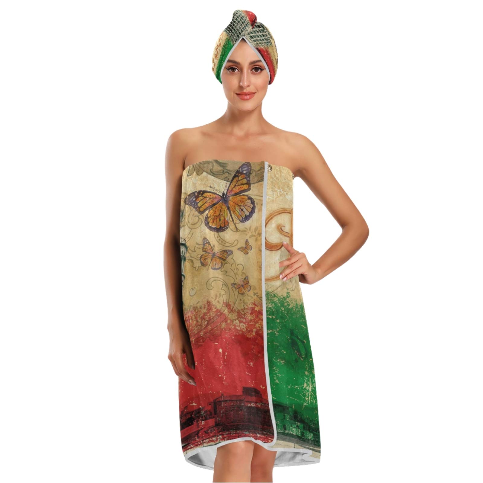 Italy Leaning Tower of Pisa Bath Towel Wrap with Dry Hair Shower Cap - Adjustable Closure Quick-Drying Shower Robe for Spa, Beach, Pool & Home Use