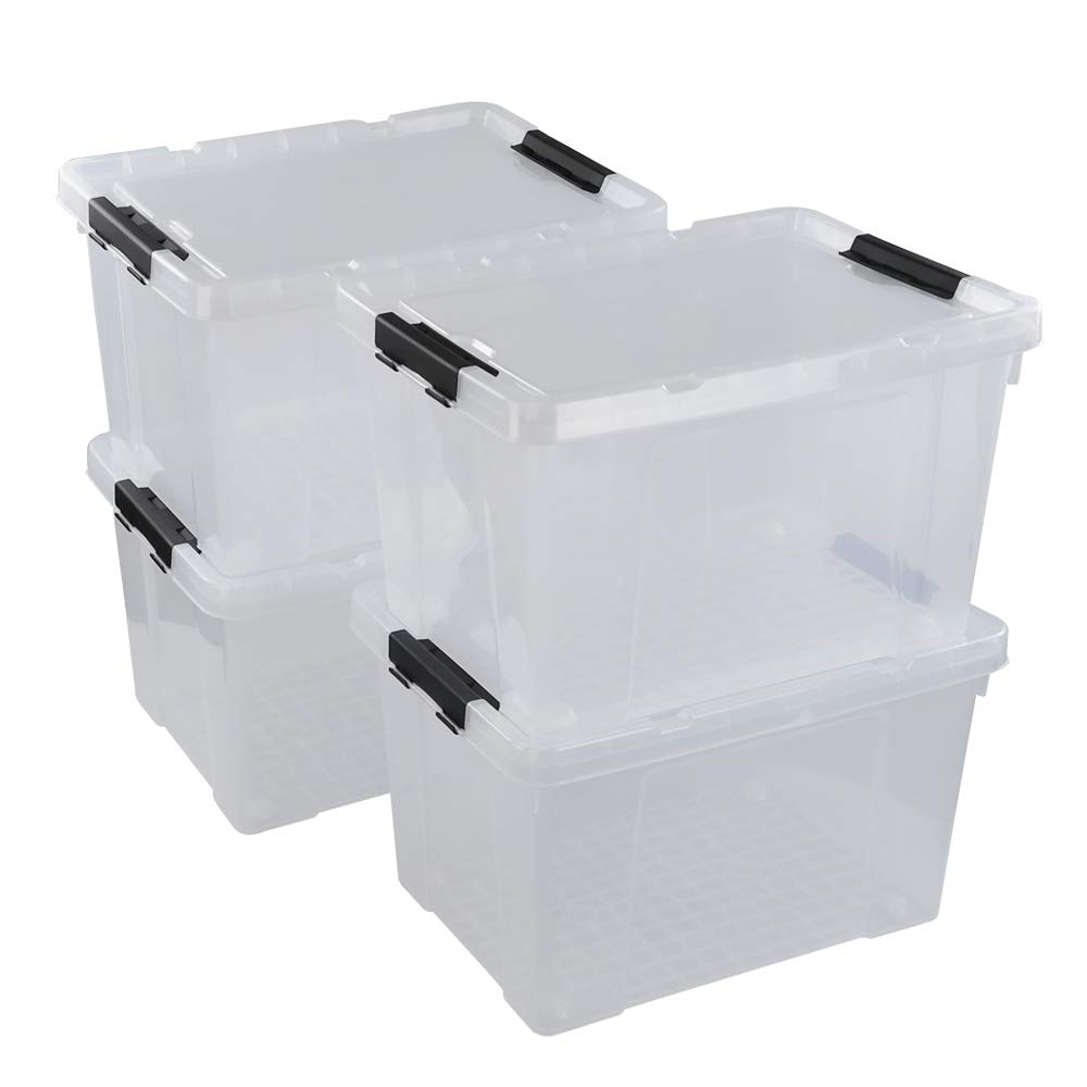 Pekky 50 Quart Clear Plastic Storage Bins with Lids, Wheels & Latching Handles - 4 Pack Large Rolling Storage Containers for Home Organization, Garage, Closet & Moving Supplies