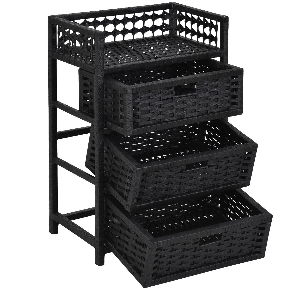 Black 3-Drawer Wicker Storage Tower Shelf with Baskets - Organizer for Bedroom, Bathroom, or Closet - Space-Saving Storage Solution for Home & Office