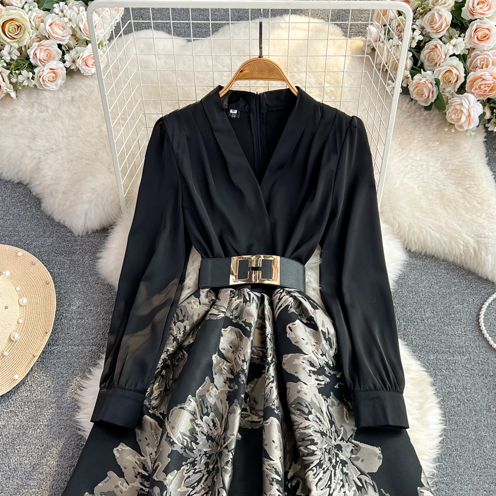 Elegant Long Sleeve V-Neck Printed A-Line Dress for Women | Flowy Party & Evening Gown | Perfect for Weddings, Cocktail Parties & Date Nights