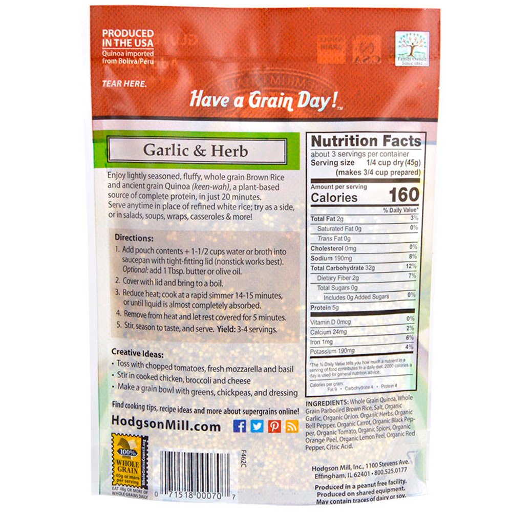 Hodgson Mill Quinoa & Brown Rice with Garlic and Herb Seasoning - 5 Ounce (Pack of 6) - Quick & Healthy Whole Grain Side Dish - Ready in Minutes - Perfect for Meal Prep, Lunch Boxes, and Healthy Family Dinners