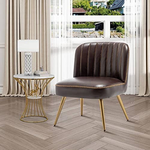 AKLAUS Modern Accent Chair - Wide Seat Armless Leather Lounge Chair with Non-Slip Rubber Caps & Gold Metal Legs - Brown Living Room Chair for Bedroom, Office, Small Spaces - Perfect for Reading Nooks, Home Theaters & Cozy Corners