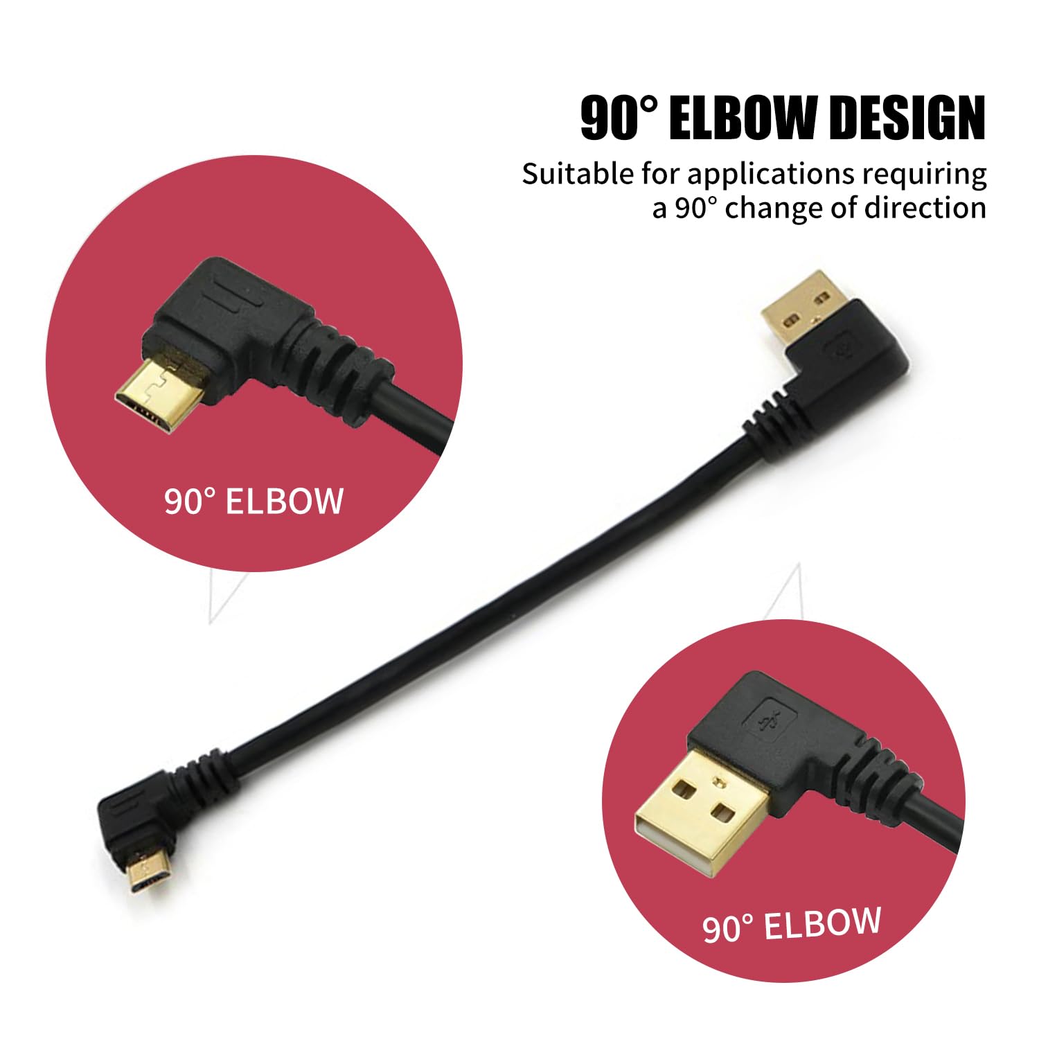 Herfair 15cm Gold Plated 90 Degree Right Angle Micro USB to USB Cable - 3 Pack Fast Charging & High-Speed Data Sync for Smartphones, Tablets, MP3 Players | Perfect for Car, Office & Travel Charging