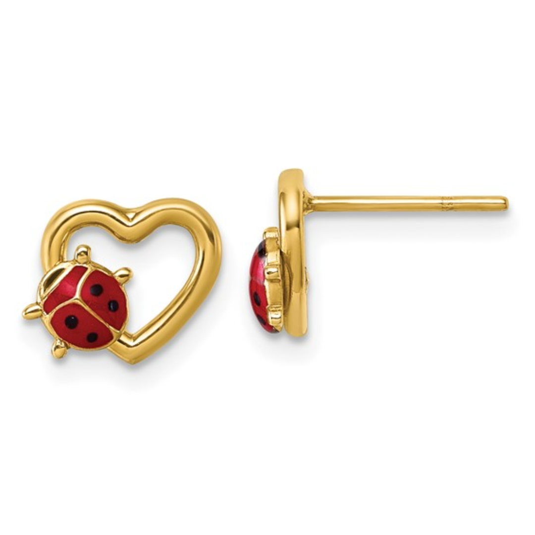 14K Gold Ladybug Stud Earrings with Heart Charm - Cute & Elegant Jewelry Gift for Women, Perfect for Valentine's Day, Birthday & Everyday Wear