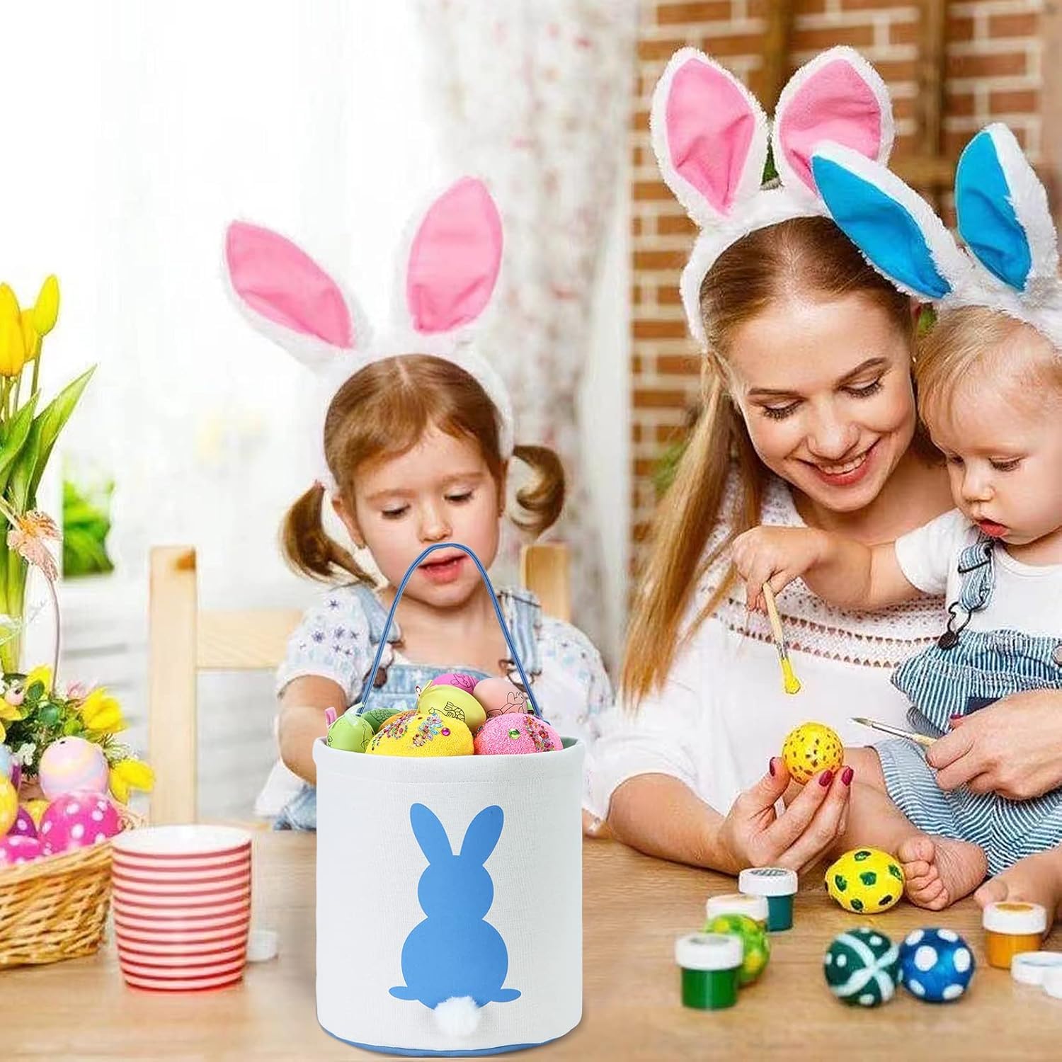OneCut Easter Bunny Basket Bags with Fluffy Tail - Cute Kids Easter Egg Hunt Baskets, Party Decorations & Toys for Boys & Girls - Perfect for Easter Celebrations, Egg Hunts & Spring Party Favors (Pink)