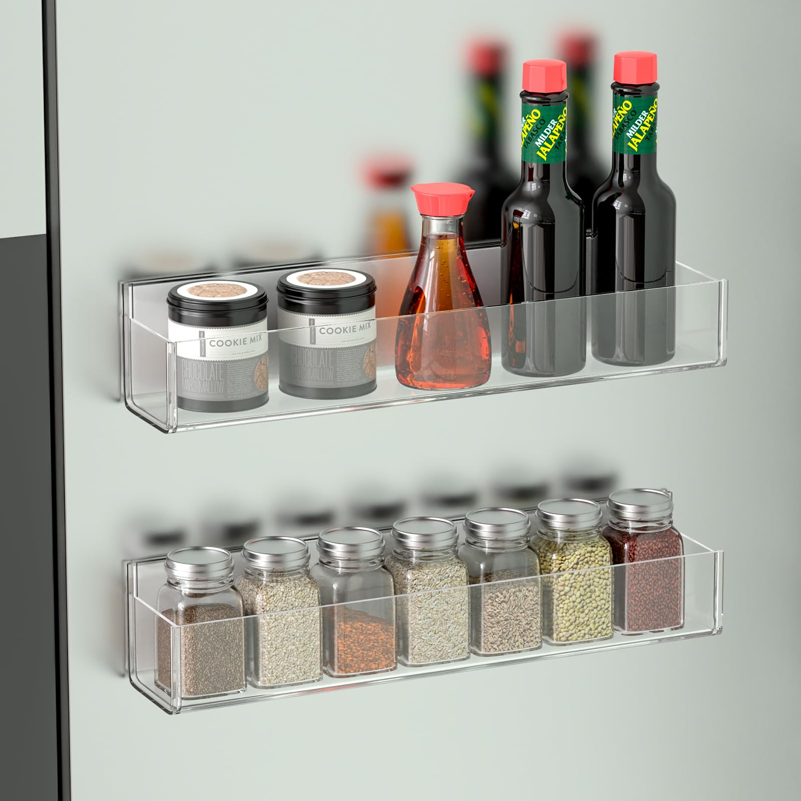 VAEHOLD Clear Adhesive Acrylic Spice Rack - 2 Pack Wall Mount Organizer with Nano Double Sided Tape & Shelf Ends for Kitchen Cabinet Door (11.8 Inch) - Perfect for Small Space Organization & Spice Storage
