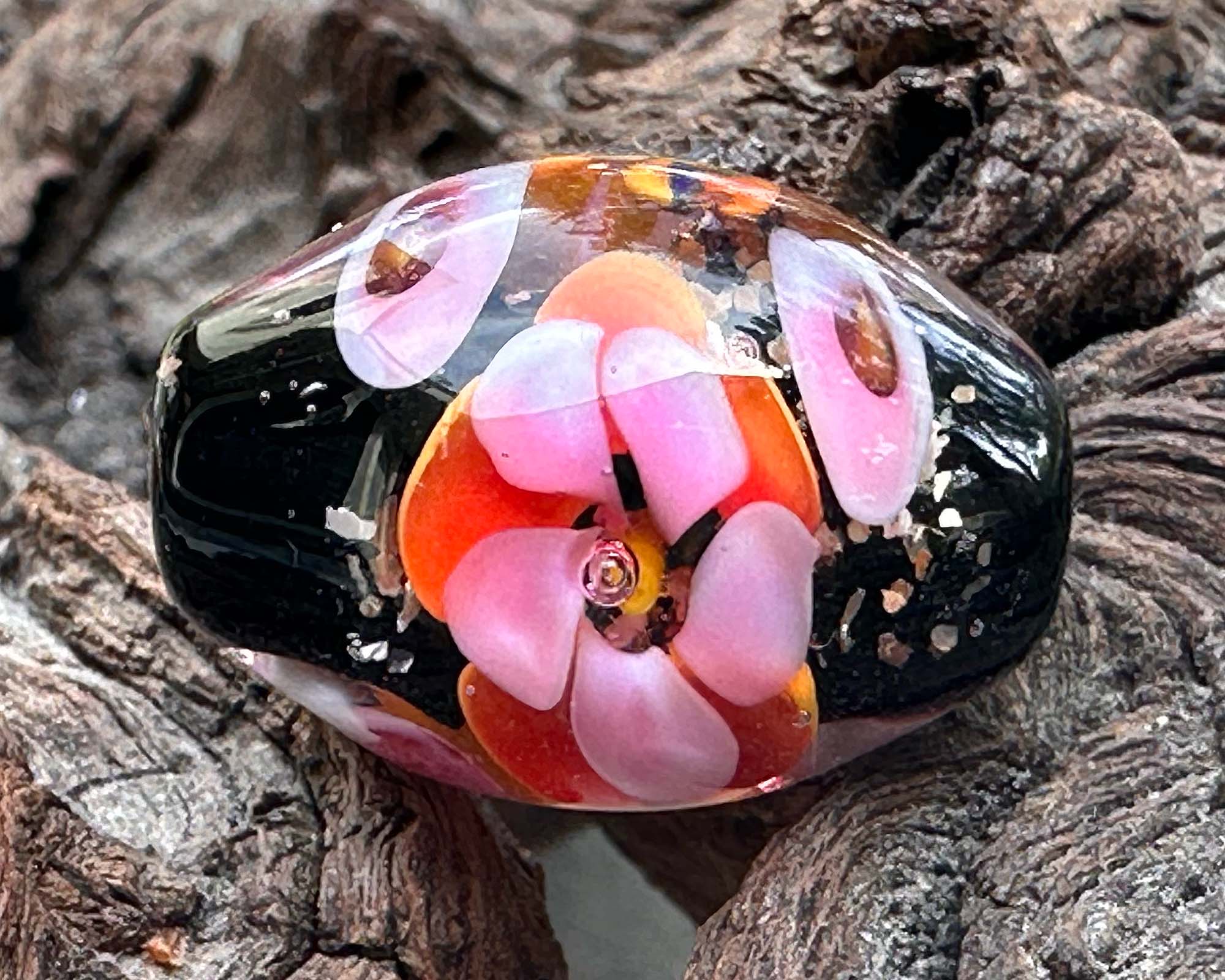 Handmade Orange Pink Floral Lampwork Glass Focal Bead for Jewelry Making - Perfect for Necklaces, Bracelets & DIY Craft Projects