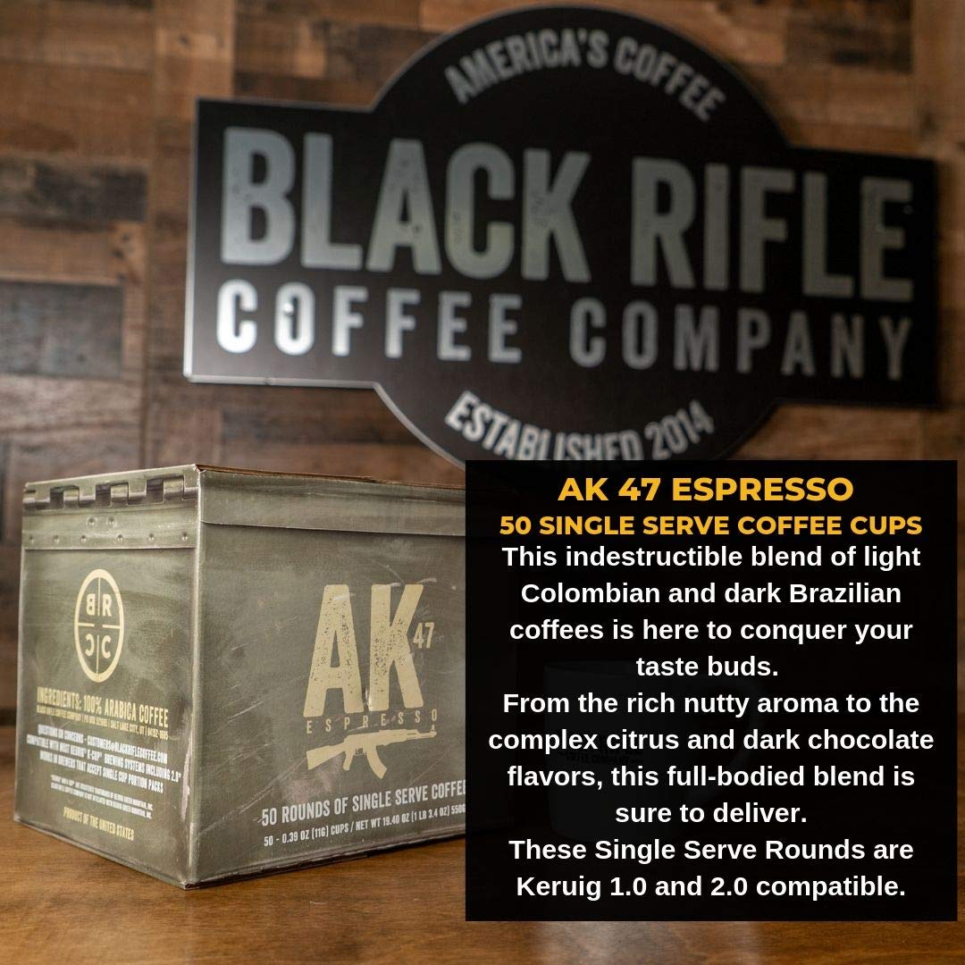 Black Rifle Coffee Company AK Espresso Medium Roast K-Cups - 50 Single Serve Coffee Pods for Keurig Brewers | Perfect for Home, Office & Camping Use