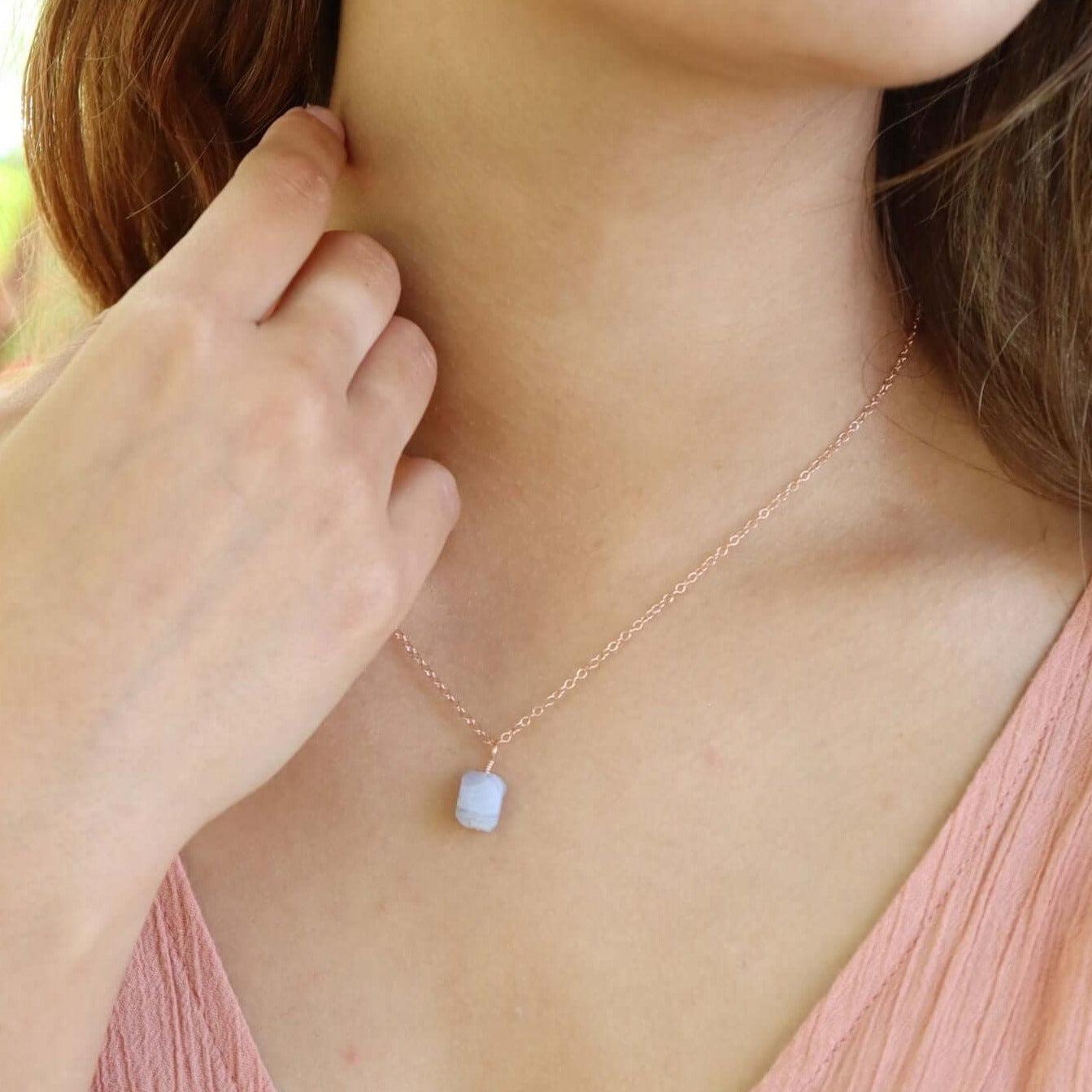 Tiny Raw Blue Lace Agate Pendant Necklace - Natural Stone Jewelry for Women - Perfect for Boho Style, Meditation & Everyday Wear