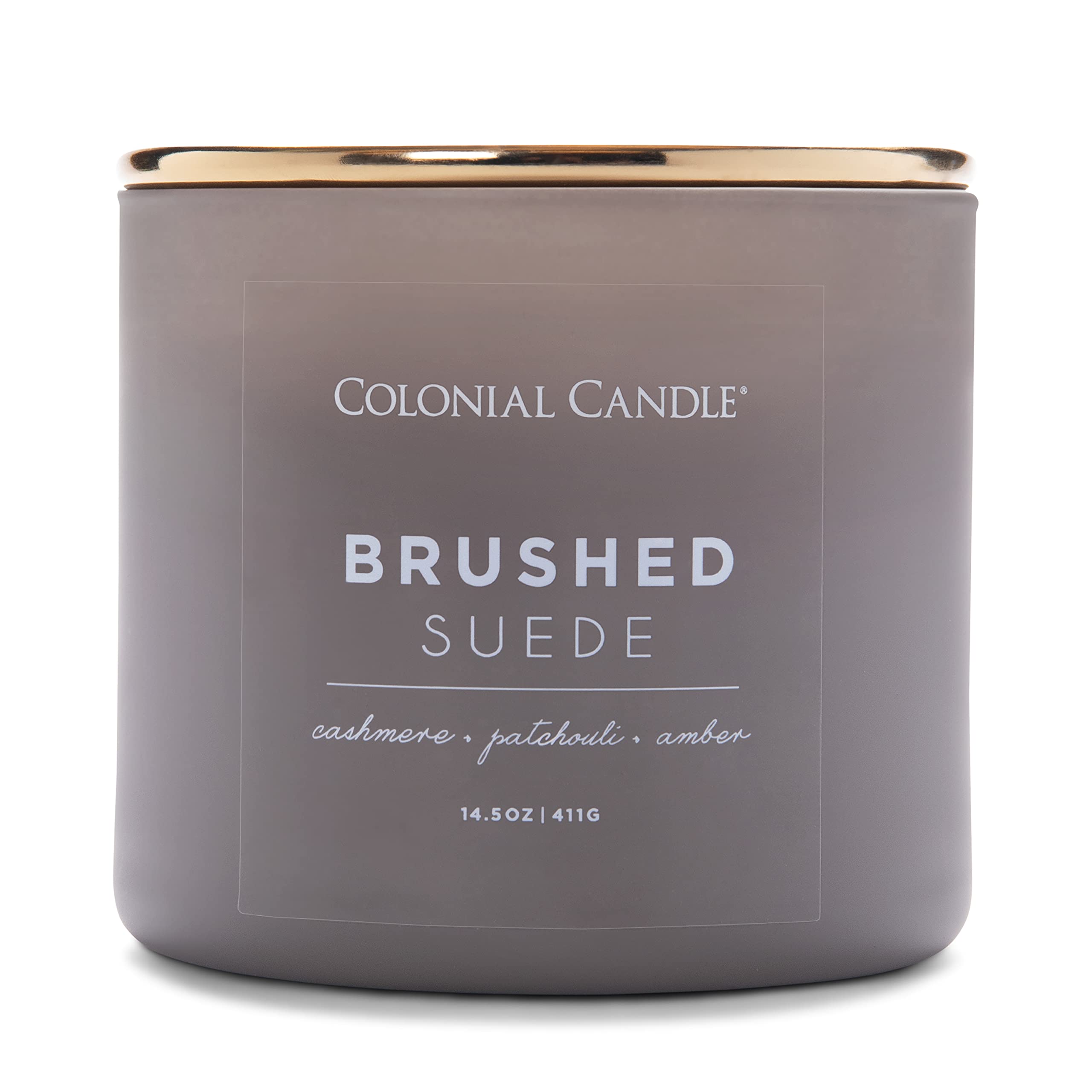 Colonial Candle Brushed Suede Scented Jar Candle - 3 Wick Grey 14.5 oz Long-Lasting Fragrance (60 Hour Burn Time) | Pop of Color Collection | Perfect for Home Decor, Relaxation & Gift Giving