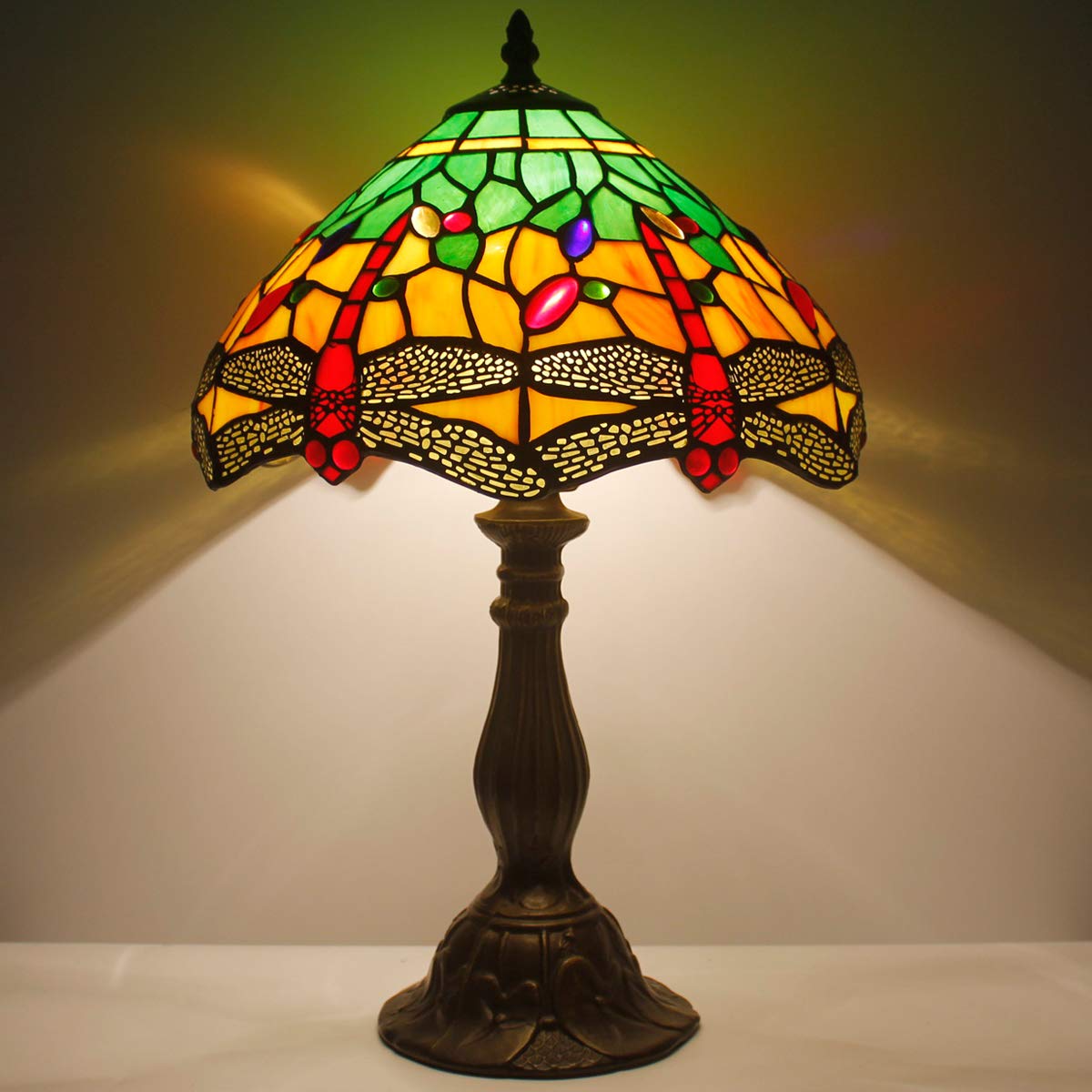 WERFACTORY Tiffany Style Dragonfly Table Lamp - 12x12x18 Inch Stained Glass Bedside Light in Green & Yellow (S009G Series) - Perfect for Bedroom, Living Room, Home Office Decor & Reading