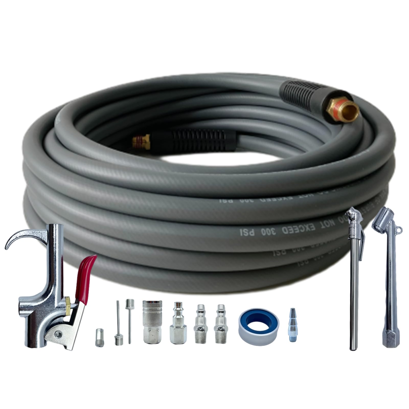 1/4 in x 30 ft Hybrid Air Compressor Hose Kit with 1/4 in NPT Male Threads - 13 Piece Air Tool Accessories Set Including Bend Restrictors, 300 PSI (Grey) - Perfect for Automotive Repair, Pneumatic Tools & Workshop Applications