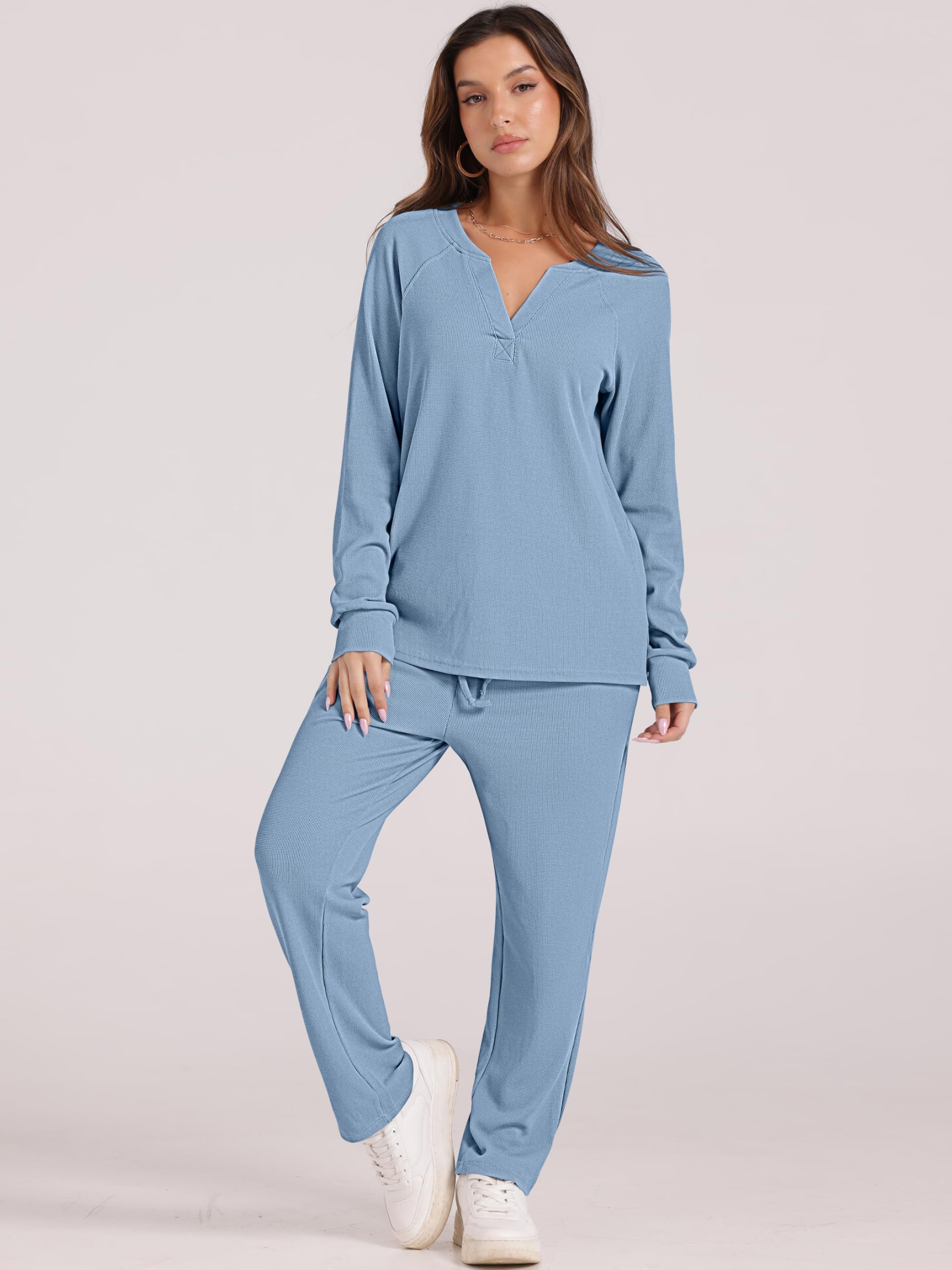 Women's Waffle Knit Pajama Set - Long Sleeve Sleepwear & Pants Soft Lounge PJS with Pockets | Cozy Winter Nightwear for Home Relaxation & Sleep