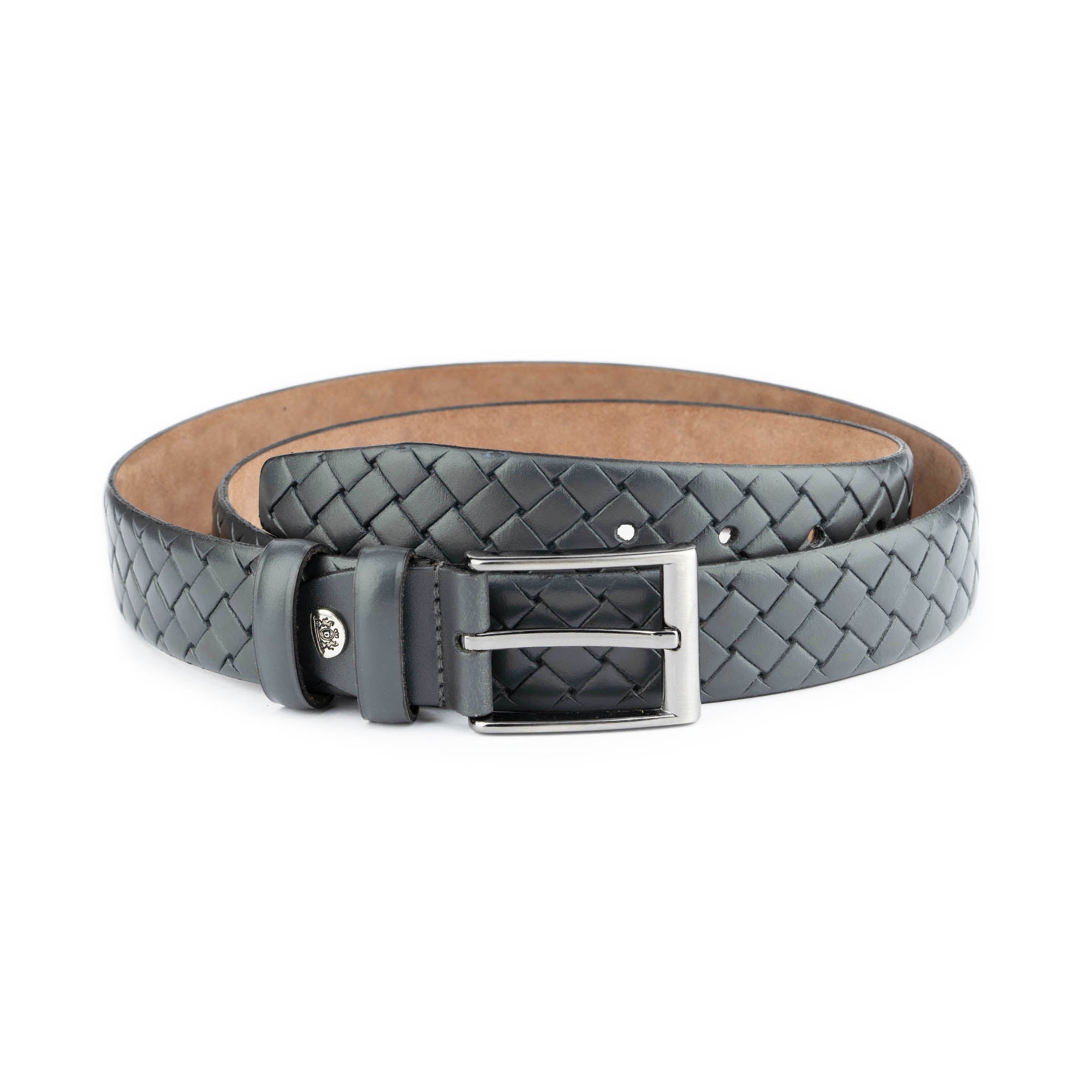 Premium Men's Genuine Leather Belt - Gray Check Embossed Design (3.5cm Width) - Durable Dress Belt for Business, Office & Formal Occasions