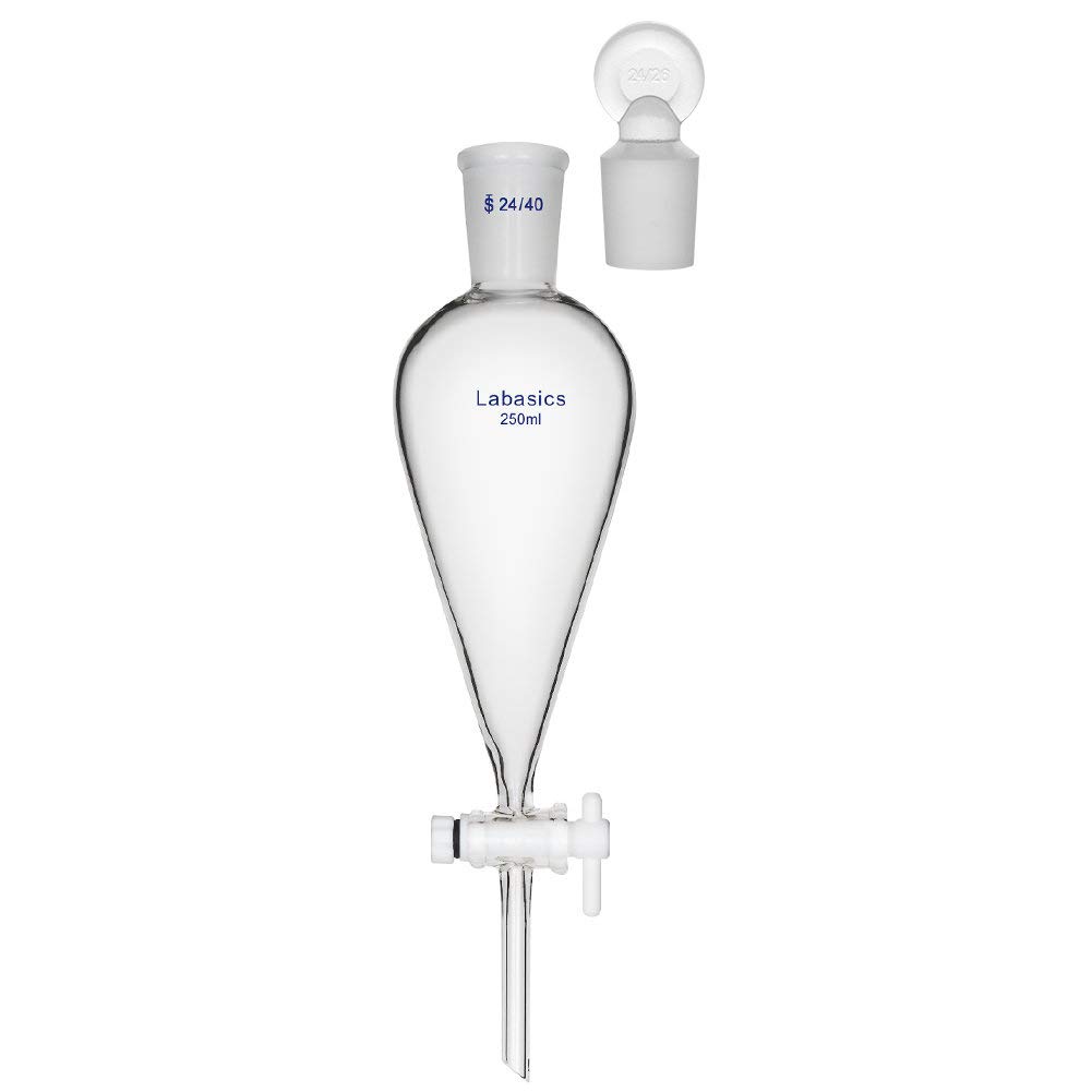 Labasics 250ml Borosilicate Glass Conical Separatory Funnel with PTFE Stopcock - 250mL for Chemistry Lab, Essential Oil Extraction & Liquid Separation