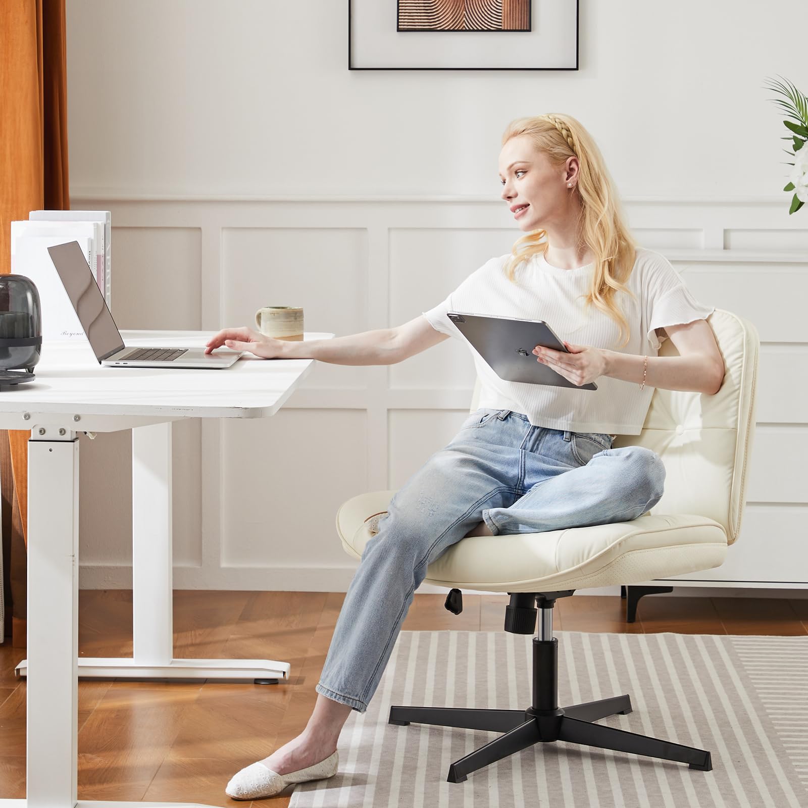 DUMOS Criss Cross Chair - Armless Office Chair with Adjustable Height, No Wheels, Comfortable Task Seating for Home & Office - Perfect for Computer Work, Vanity Desk, and Workspace Ergonomics