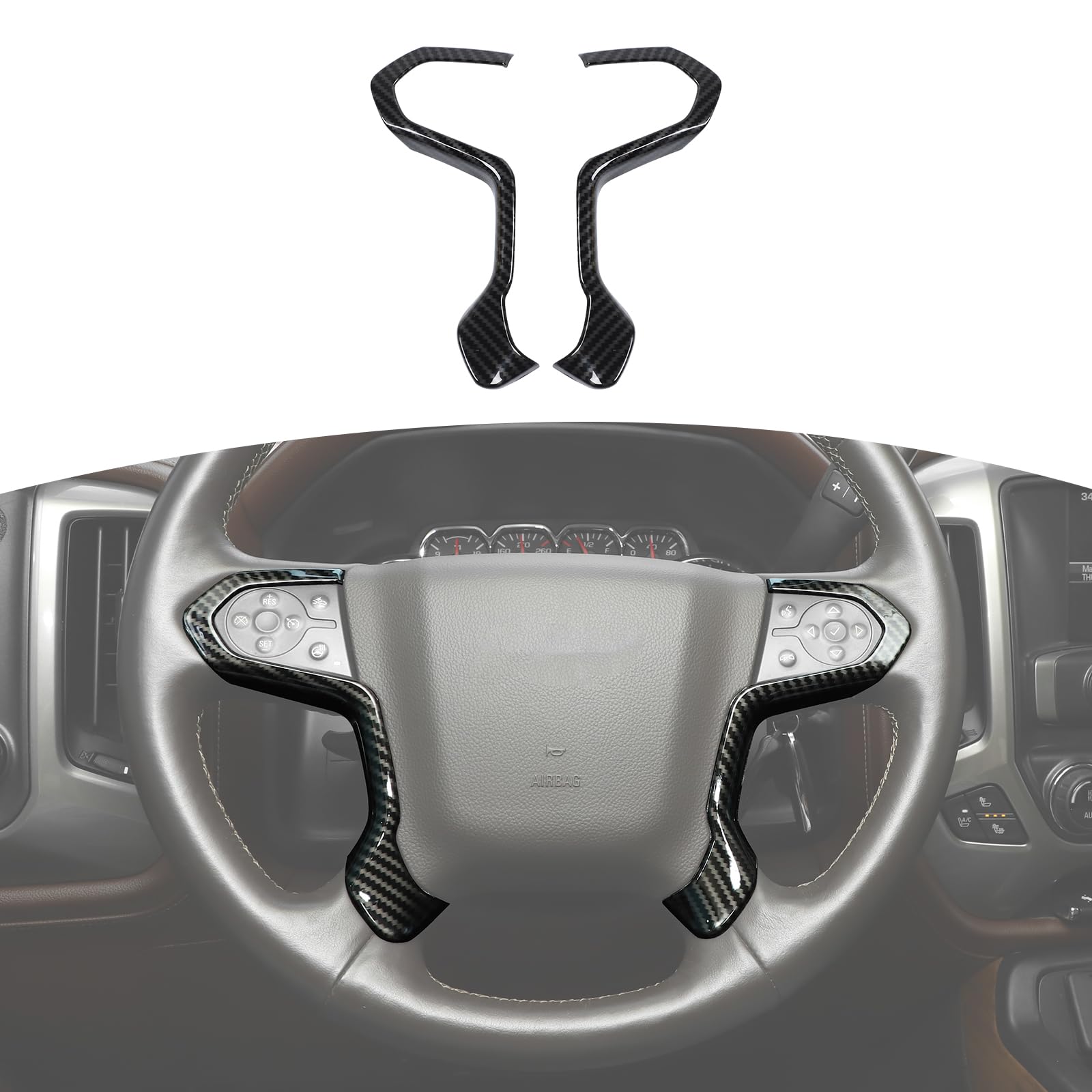 2014-2018 Chevy Silverado Carbon Fiber Steering Wheel Trim | GMC Sierra/Yukon & Chevy Suburban/Tahoe Compatible | Black Carbon Fiber Grain Interior Upgrade (2-Piece Set) | Enhance Your Truck's Luxury Style for Daily Driving & Car Shows
