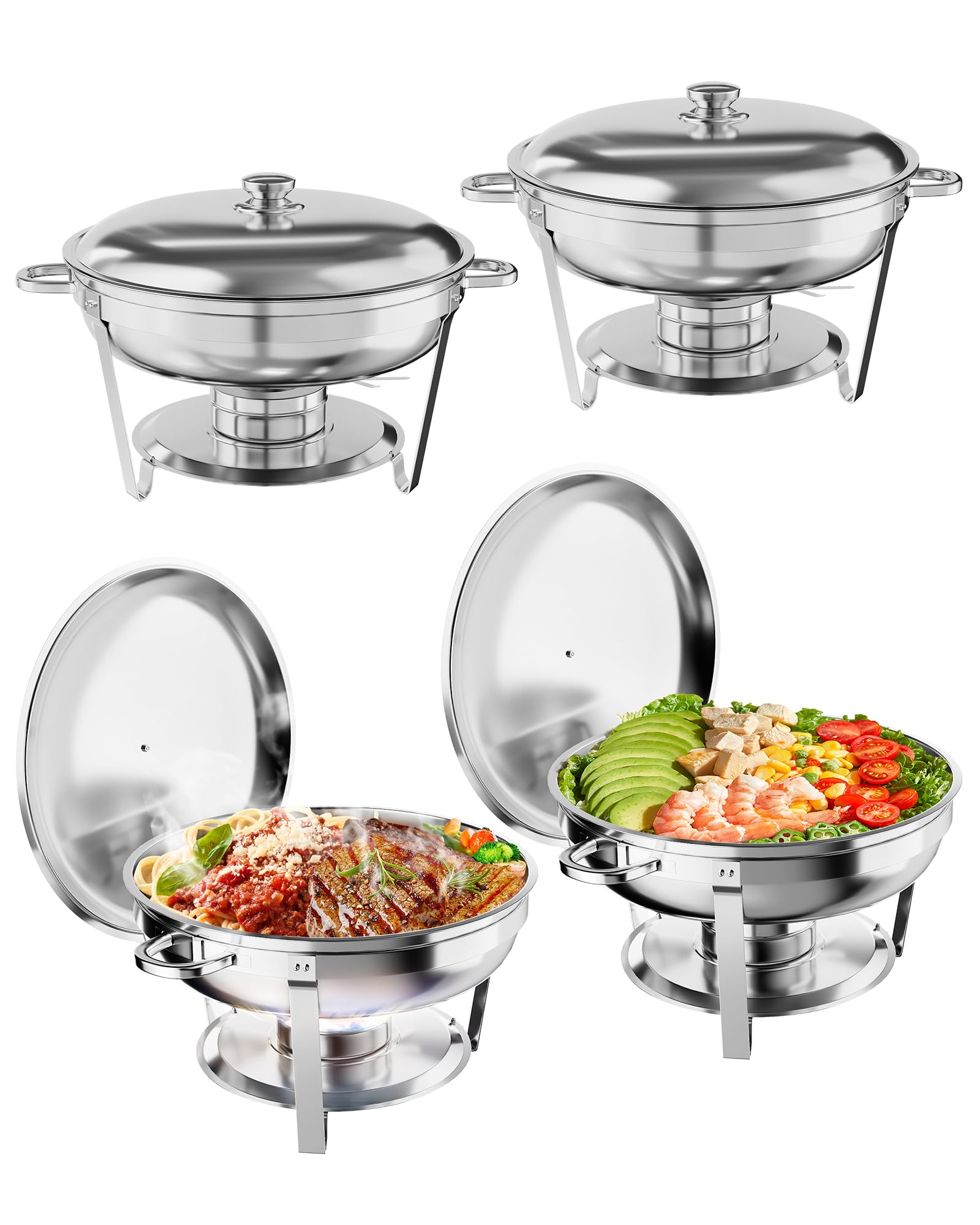 5QT Stainless Steel Chafing Dish Buffet Set - 4 Pack Round Food Warmer with Lid, Frame & Fuel Holder for Catering, Parties, Weddings - Keep Food Warm at Buffets, Events & Home Entertaining