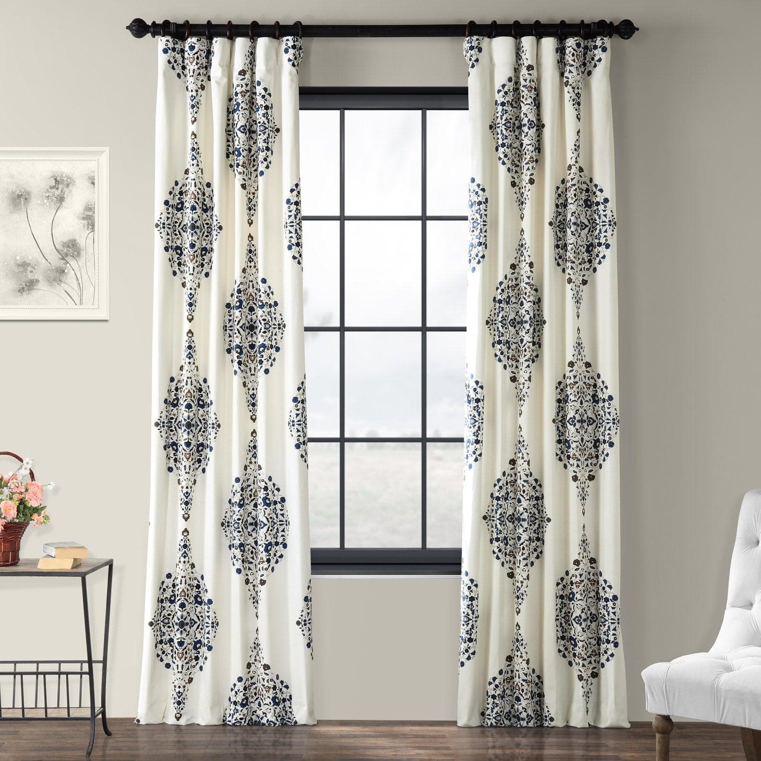Premium Kerala Blue Emblem Printed Cotton Blackout Curtains - Elegant Window Treatment for Bedroom, Living Room & Nursery - Blocks Sunlight & Enhances Privacy