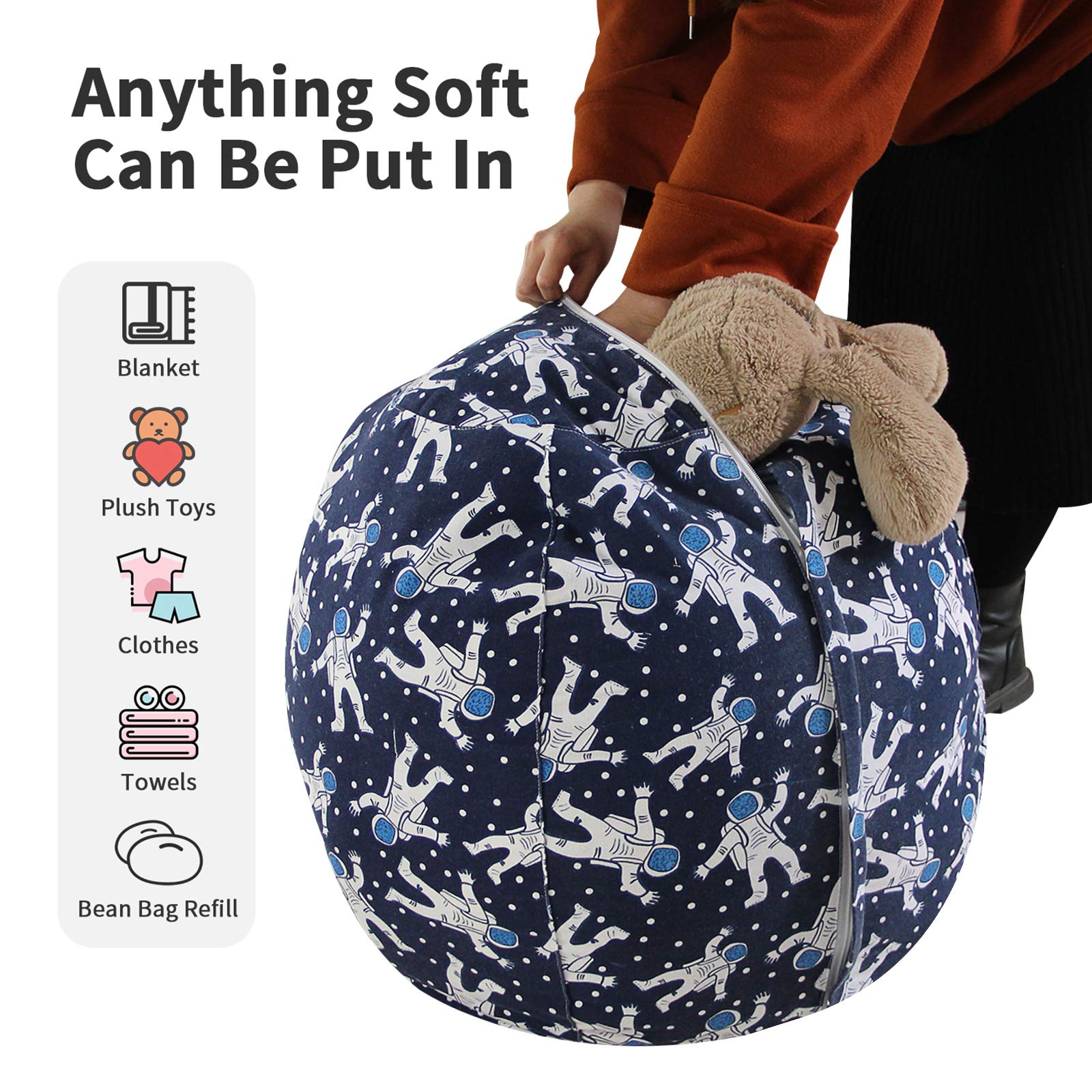 Miaowater 2-Pack Stuffed Animal Storage Bean Bag Chair Cover - Cotton Canvas Organizer with Zipper for Kids & Adults Room - Blue Astronaut Design 24 Inch - Perfect for Playroom, Bedroom & Dorm Organization