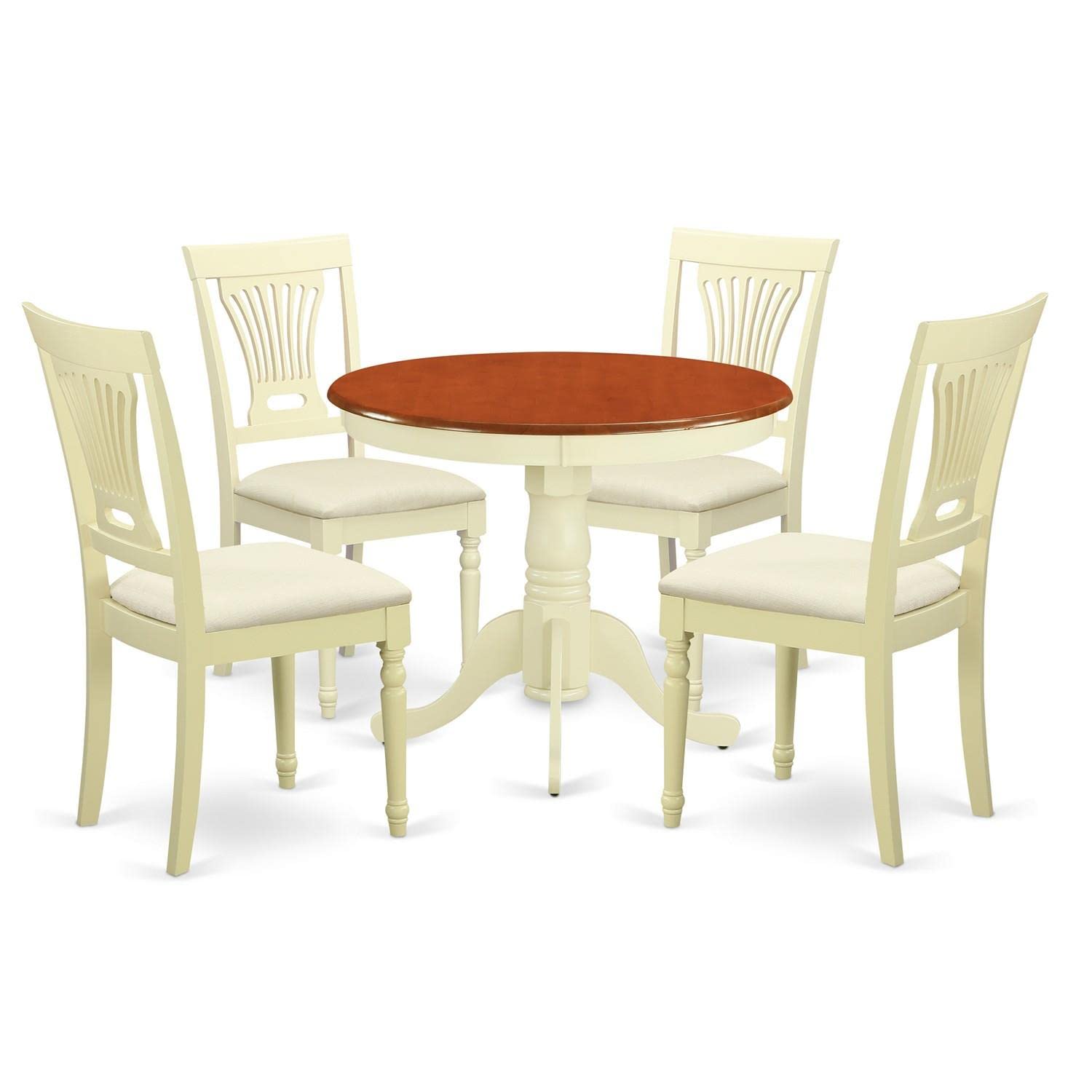 East West Furniture ANPL5-WHI-C 5-Piece Round Kitchen Dining Set with Pedestal Table & 4 Fabric Chairs - 36x36 Inch, Buttermilk & Cherry - Perfect for Small Spaces, Breakfast Nooks & Cozy Family Meals