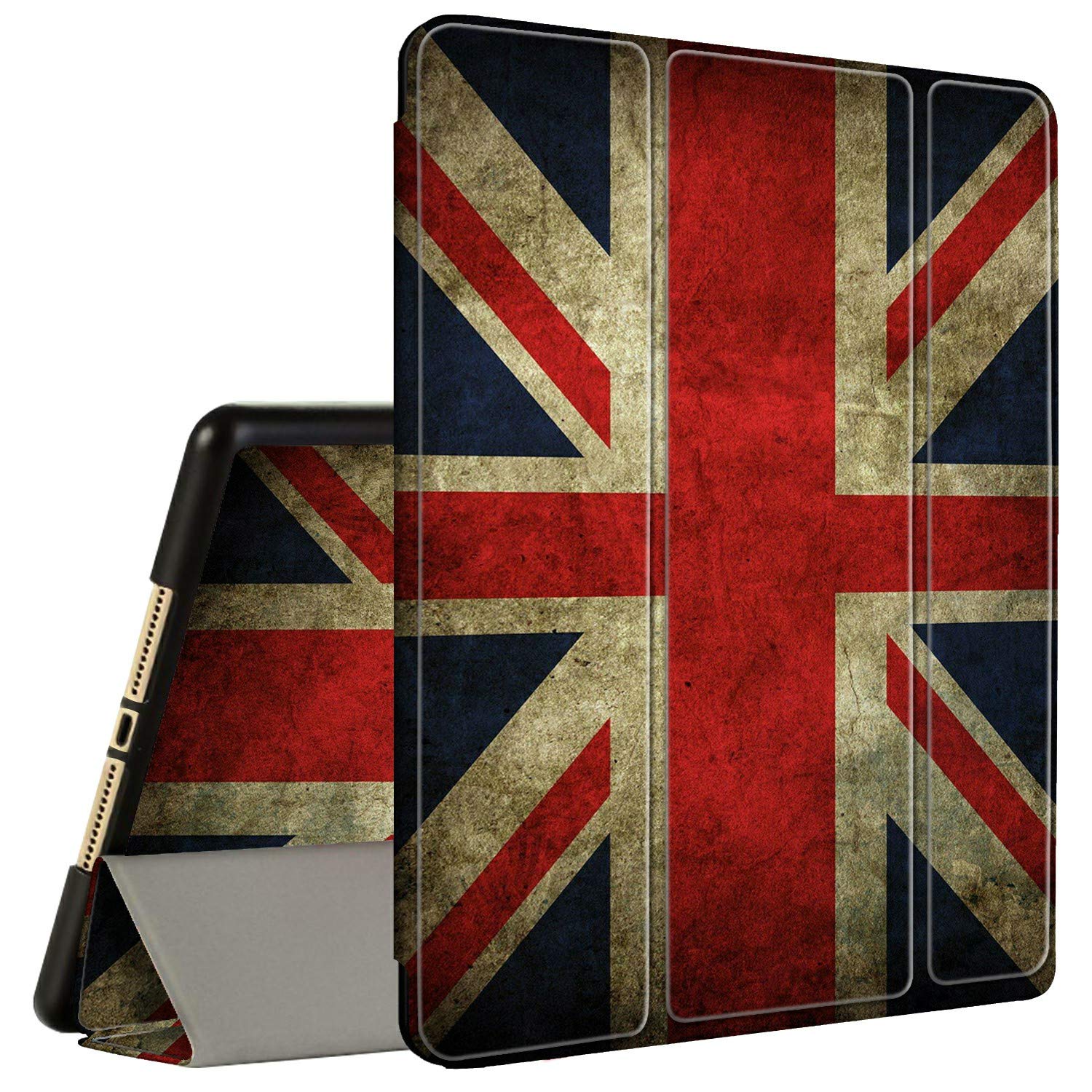 Amook British Flag Tri-Fold Smart Cover Stand Case for iPad 9.7 (6th/5th Gen 2018/2017) & iPad Air 1/2 - Shockproof Protection with Pencil Holder | Perfect for Work, School & Travel