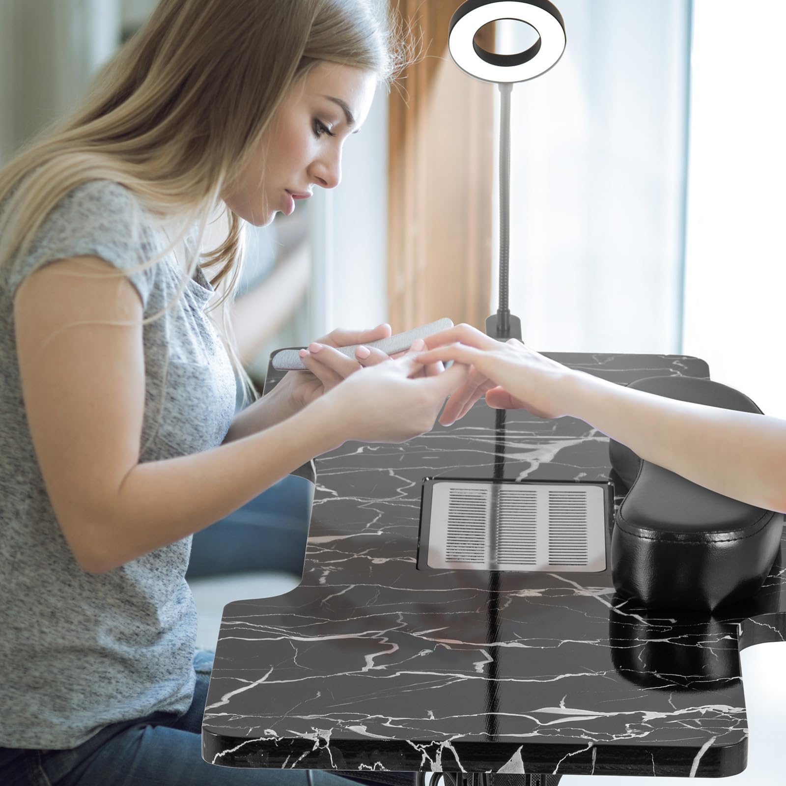 Giantex Foldable Nail Tech Desk with Built-in Dust Collector Fan, Adjustable LED Light & Wrist Pad - Portable Manicure Table with 4 Lockable Wheels & Carrying Case (Marble Black) | Perfect for Salon Professionals & Home Nail Artists