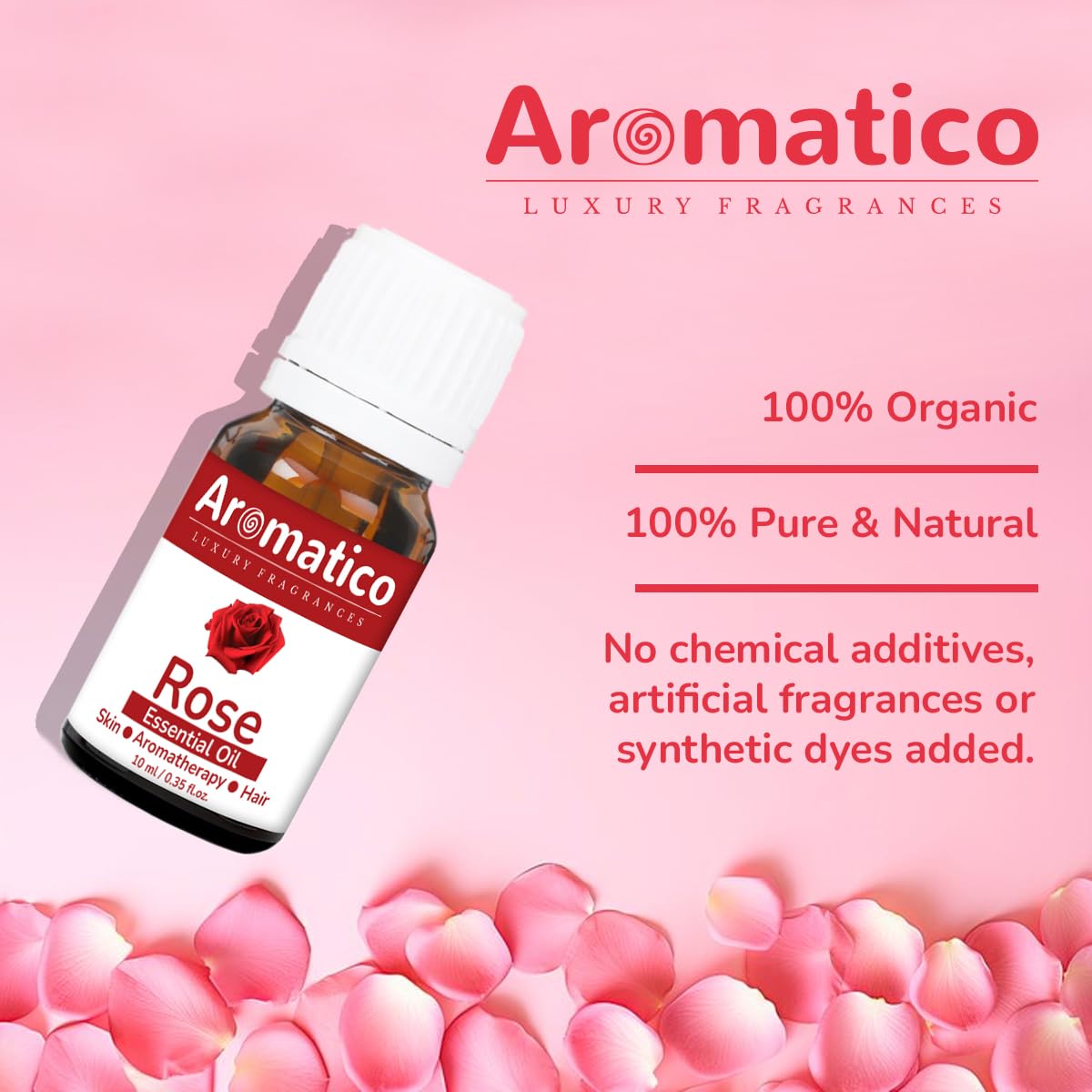 AROMATICO 100% Pure Rose Essential Oil for Aromatherapy, Stress Relief & Meditation | Natural Fragrance for Diffusers, Candles, Soaps | Promotes Relaxation & Focus | Perfect for Spa, Yoga & Home Use - 10ml Bottle