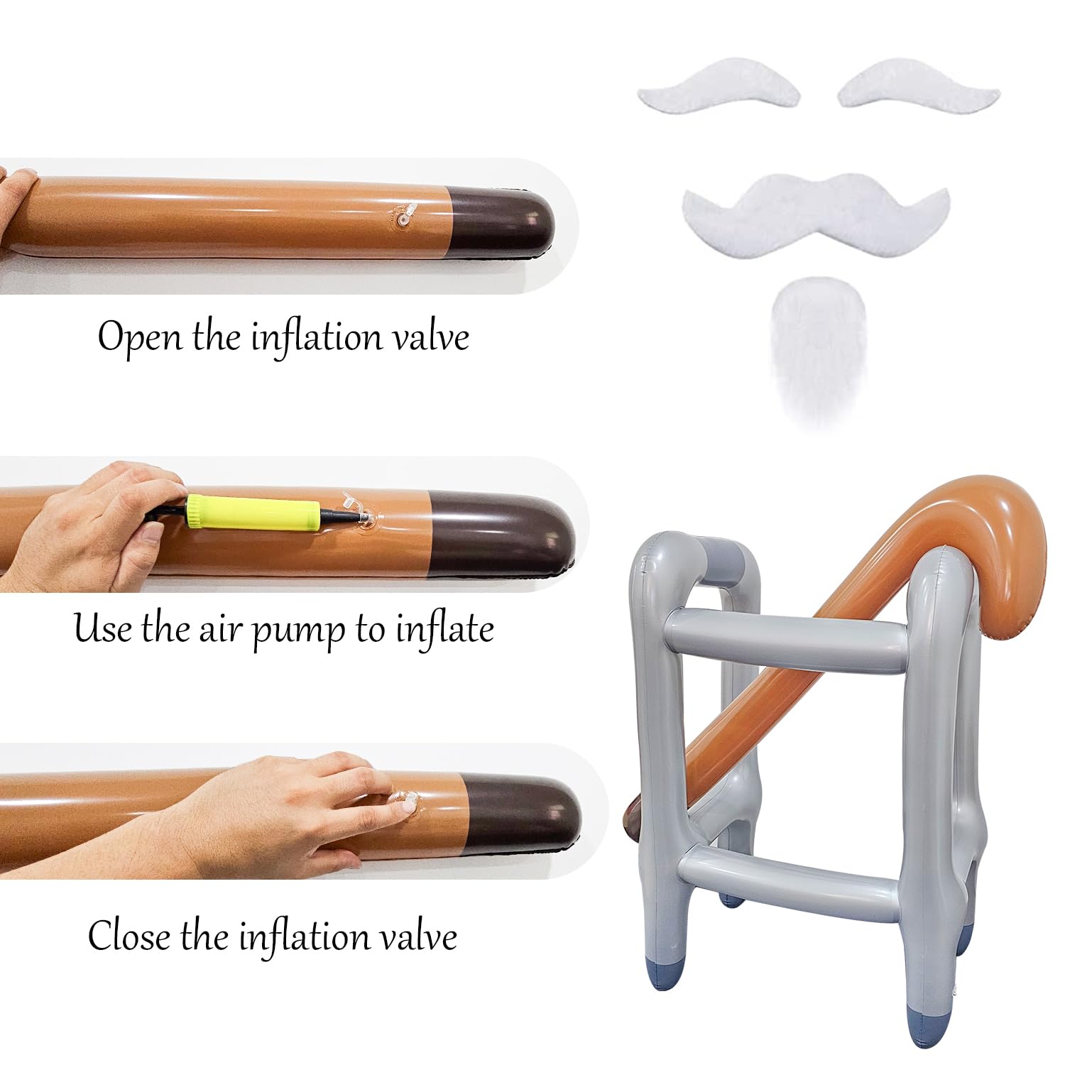 2 Pcs Inflatable Walker and Cane with Beard - Funny Old Age Costume Accessories for Men & Women - Retirement Gag Gift, Party Decoration - Perfect for Halloween, Themed Parties, and Practical Jokes