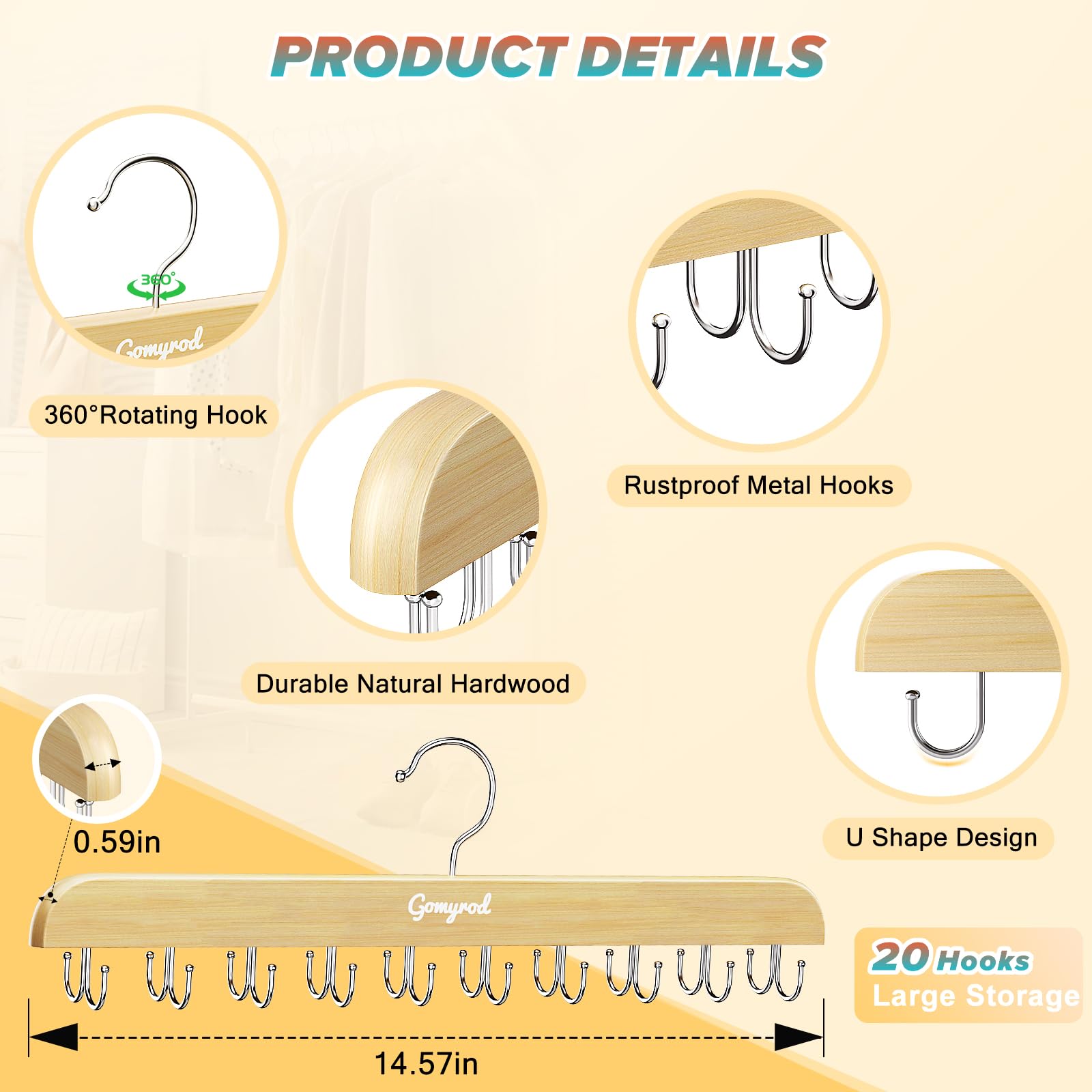 Foldable Wooden Bra & Tank Top Hanger with 20 Hooks - 360° Rotating Space Saving Closet Organizer for Scarves, Ties & Lingerie - Perfect for Dorm, Apartment & Small Space Storage (1 Pack)