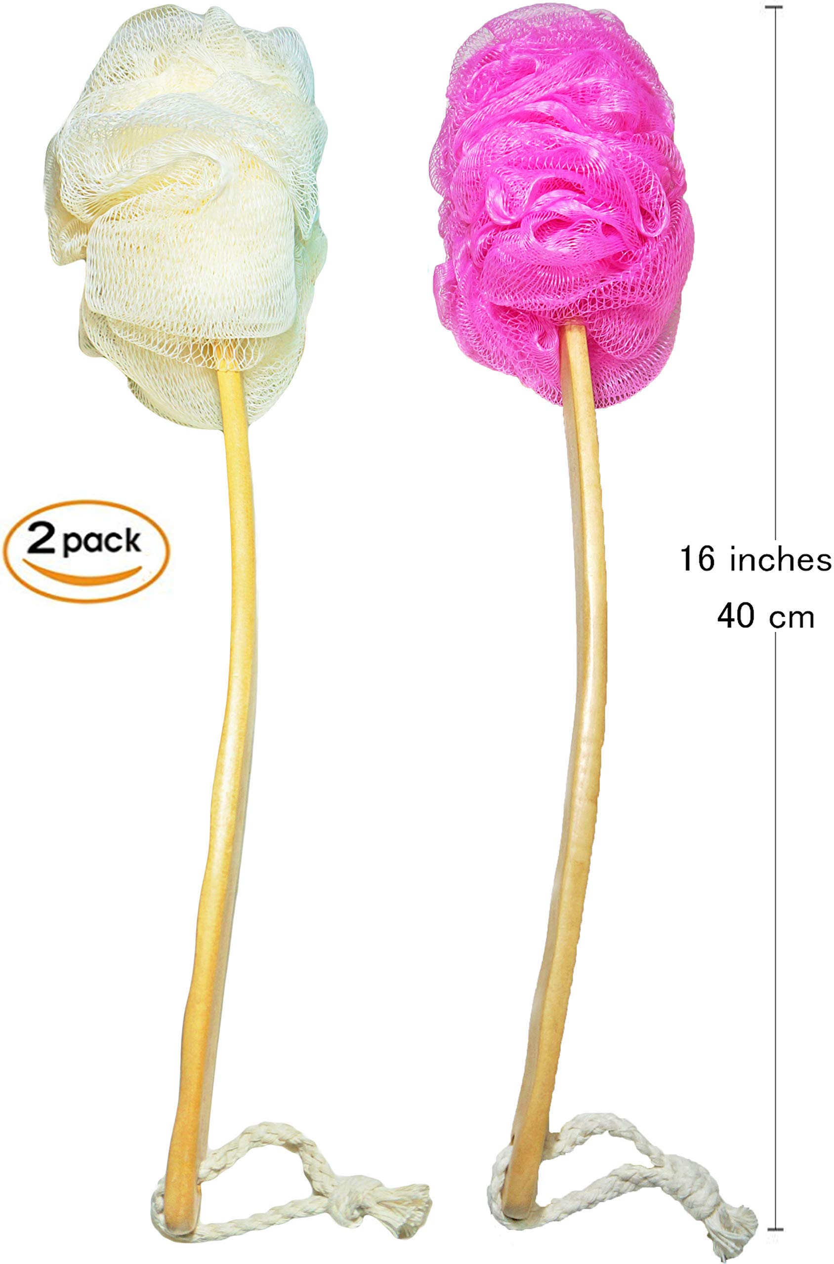 Exfoliating Shower Loofah Body Scrubber with Long Wooden Handle - Back Scrub Brush for Men & Women - Easy Reach Body Wash & Lotion Applicator (2-Pack White & Red) - Perfect for Deep Cleansing, Dead Skin Removal & Spa-Like Shower Experience