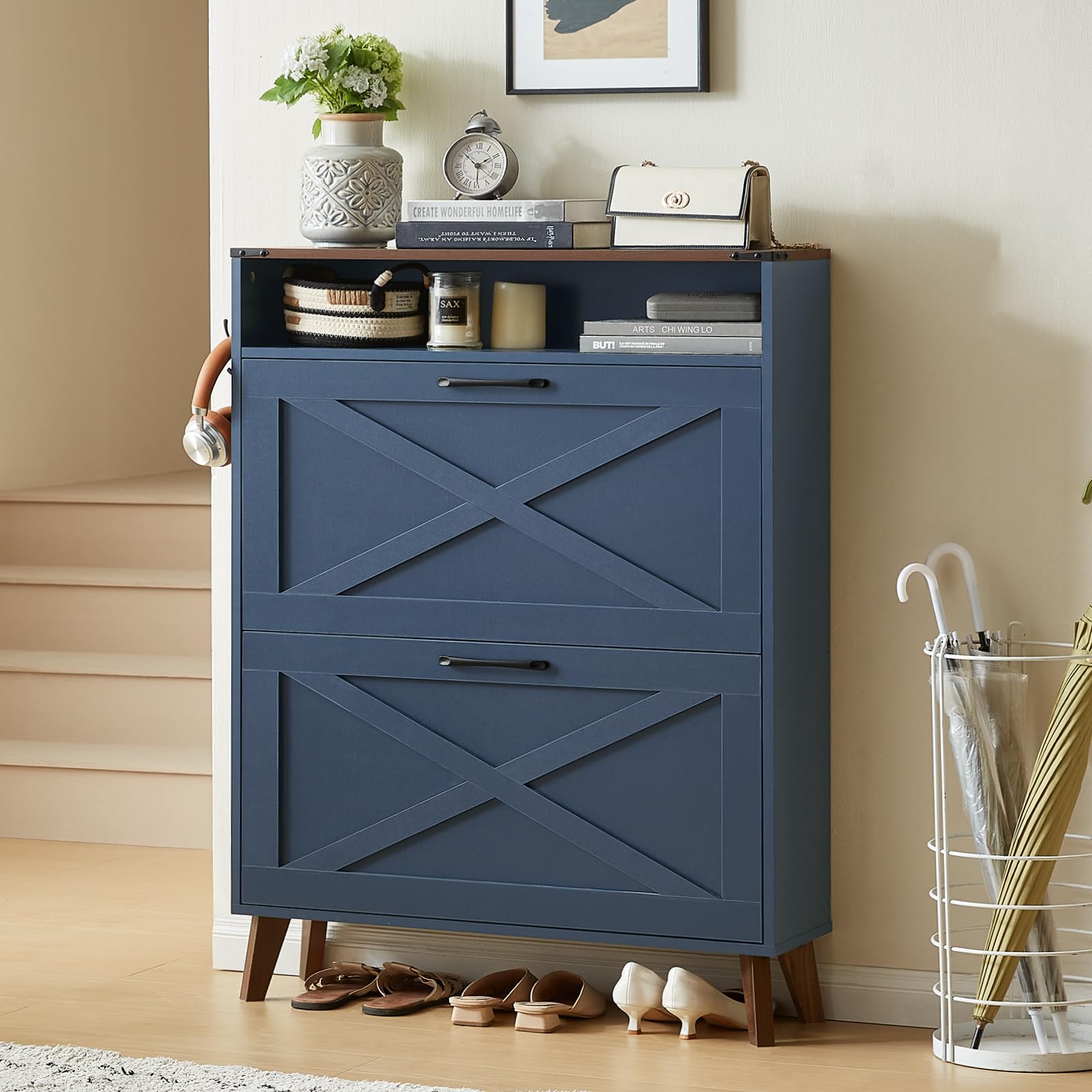 Farmhouse Shoe Storage Cabinet with 2 Flip Drawers - Narrow Hidden Shoe Organizer with Wood Legs & Open Storage - Free Standing Entryway Shoe Rack for Foyer, Hallway - Navy Blue - Perfect for Small Spaces & Clutter-Free Home Organization