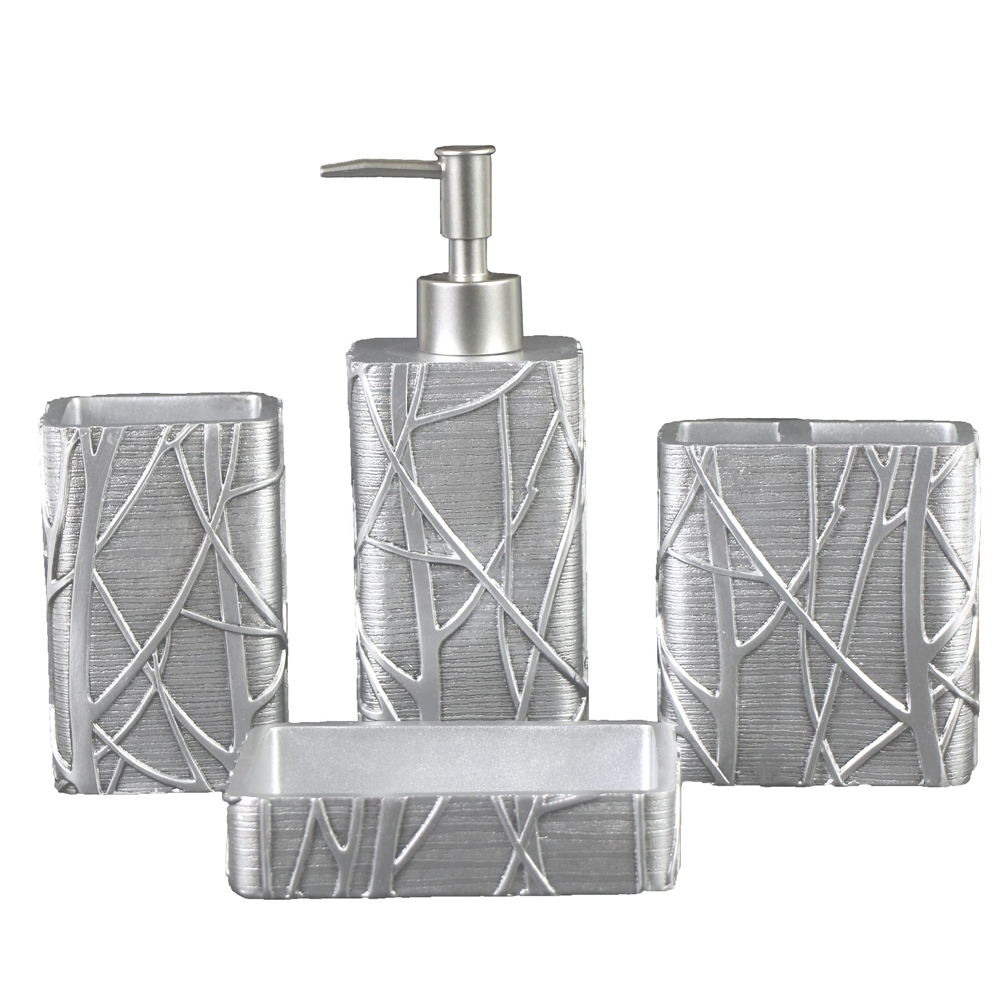 Premium Hymmah Silver Bathroom Accessories Set - 4 Piece Farmhouse Style Resin Toothbrush Holder, Soap Dispenser, Soap Dish & Tumbler - Rustic Bathroom Decor for Home, Apartment & Gift | Perfect for Modern Farmhouse, Vintage & Cottage Style Bathrooms