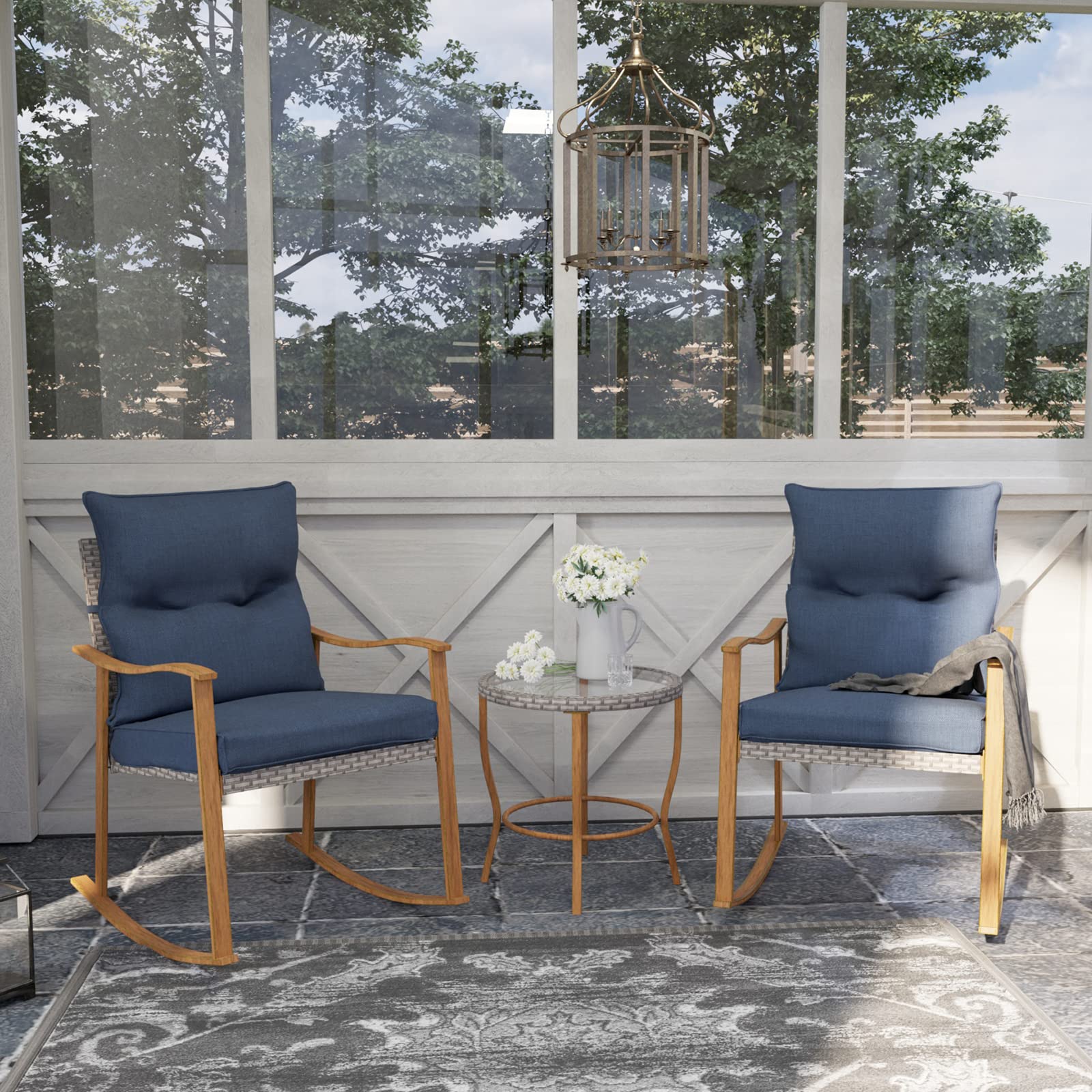 AQUILLA 3-Piece Outdoor Patio Rocking Set with Metal Frame & Tempered Glass Table - Blue Cushioned Bistro Set for Porch, Garden, Backyard - Perfect for Relaxing, Entertaining & Outdoor Dining