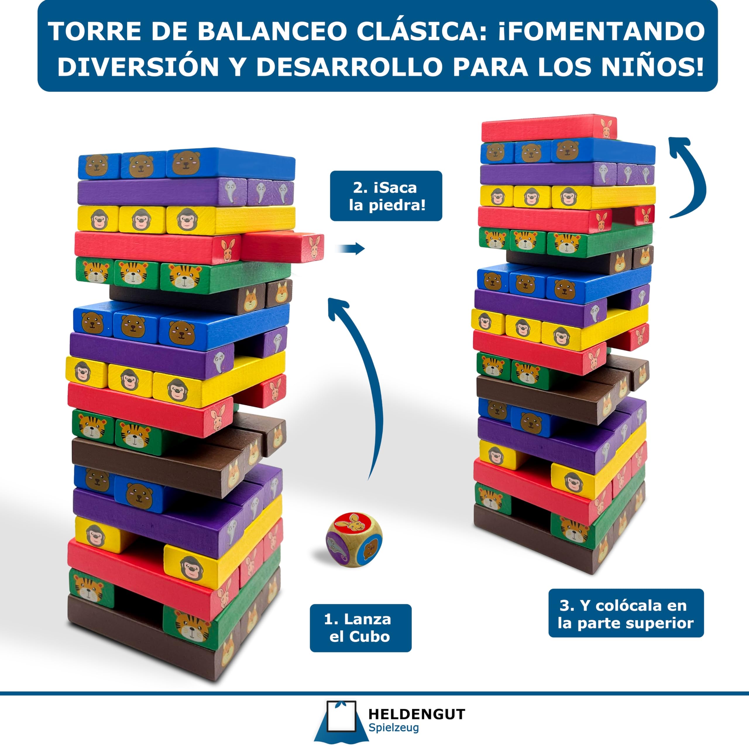 HELDENGUT® 4-in-1 Wooden Wobble Tower Stacking Game for Kids Ages 3+ | Premium Montessori Learning Toy for Toddlers & Preschoolers - Perfect Gift for Boys & Girls (Indoor Play, Birthday Party, Early Childhood Education)