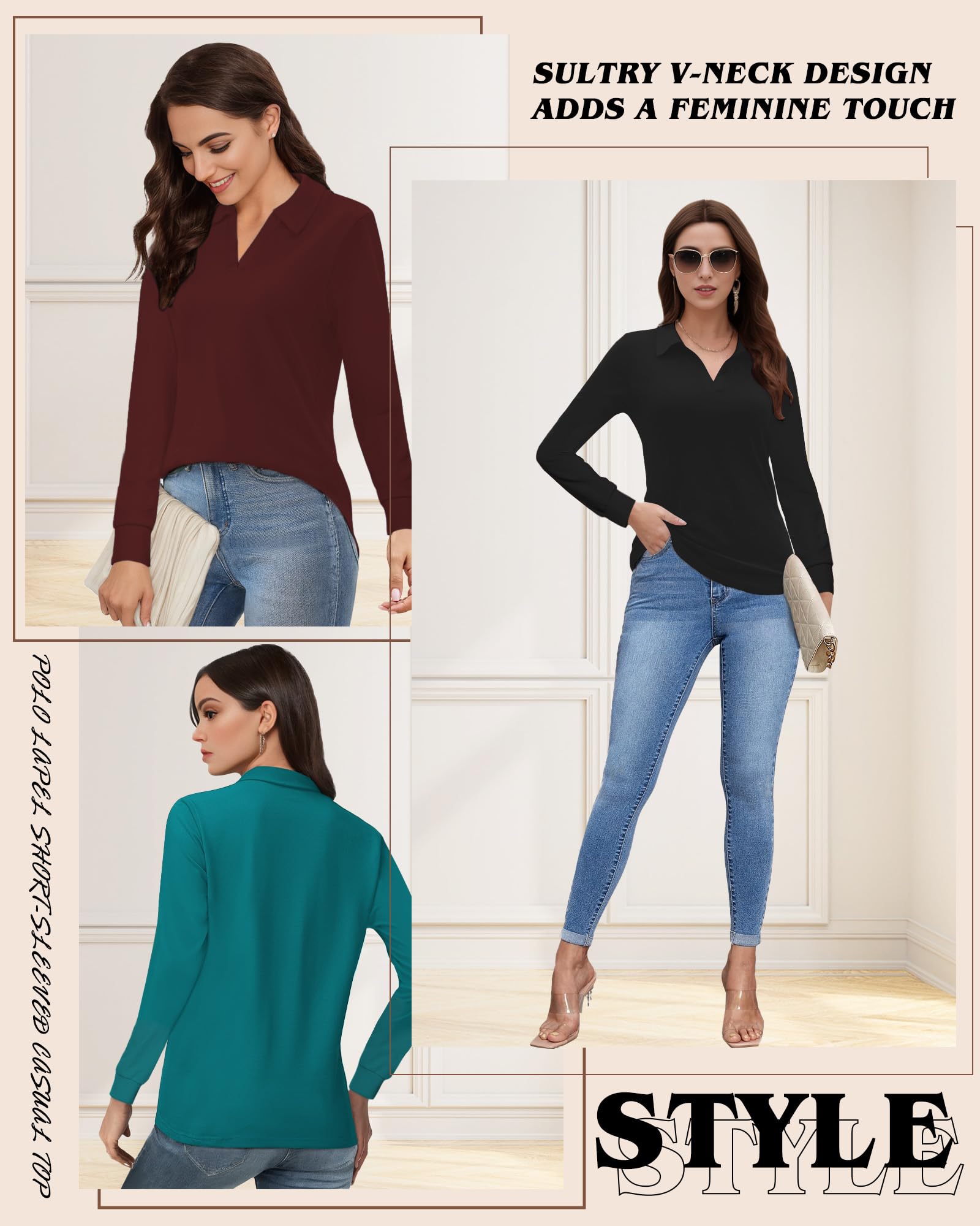 Women's V-Neck Polo Shirts - Business Casual Collared Tunic Tops with Long Sleeves for Office Work & Professional Wear | Perfect for Business Meetings, Office Attire & Smart Casual Outfits