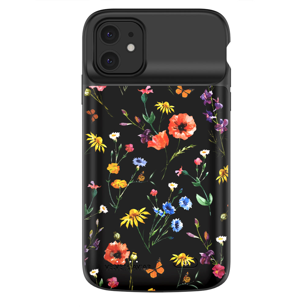 Black Wildflower iPhone Charging Case - Portable Battery Charger for iPhone 11/12/13/14/15 Pro Max - Perfect for Travel, Work & Outdoor Adventures