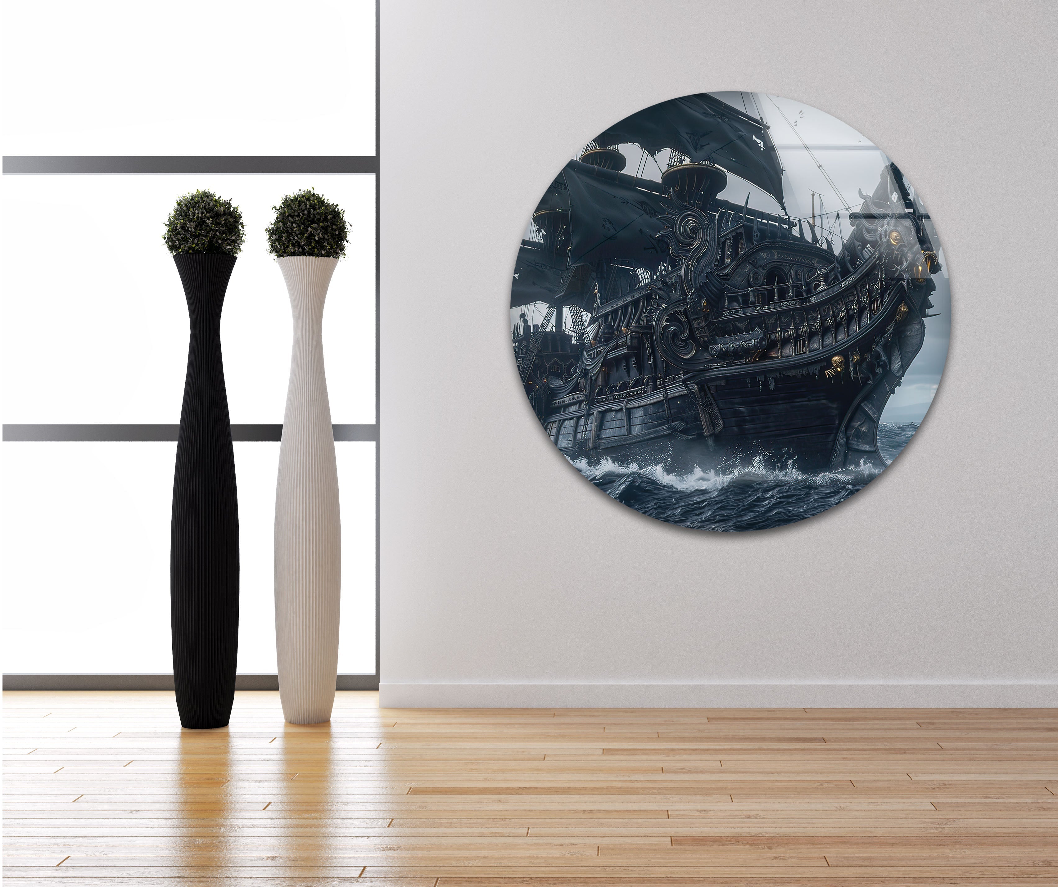 Large Pirate Ship Glass Wall Art Decor - Nautical Theme Stained Glass Window Hanging for Living Room, Bedroom, or Office