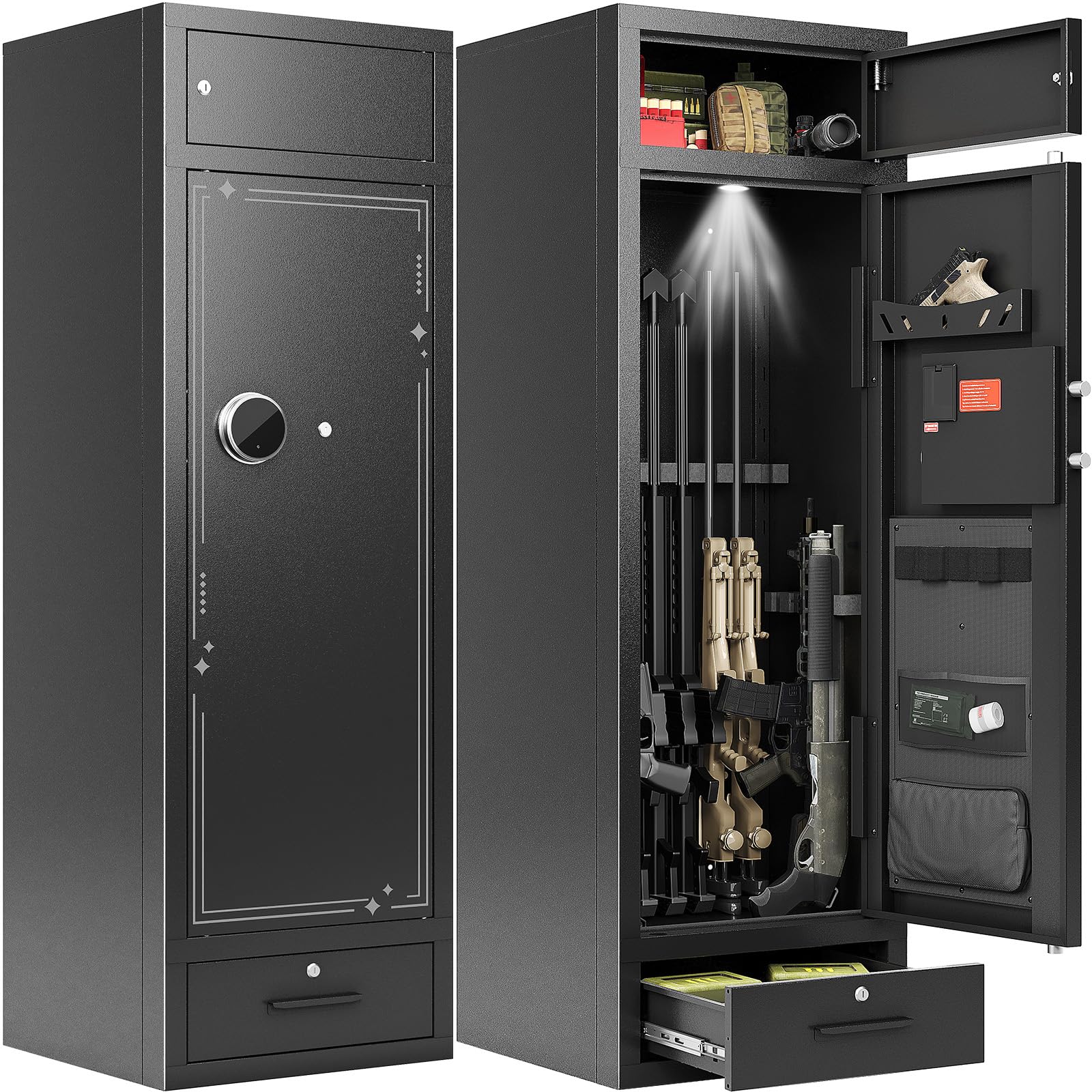 KAER 10-15 Gun Safe - Large Capacity Rifle & Pistol Safe with Handgun Rack, Rifle Rack & Drawer - Heavy Duty Gun Cabinet for Home Security (Unassembled) - Perfect for Shotgun Storage, Firearm Protection & Hunting Gear Organization