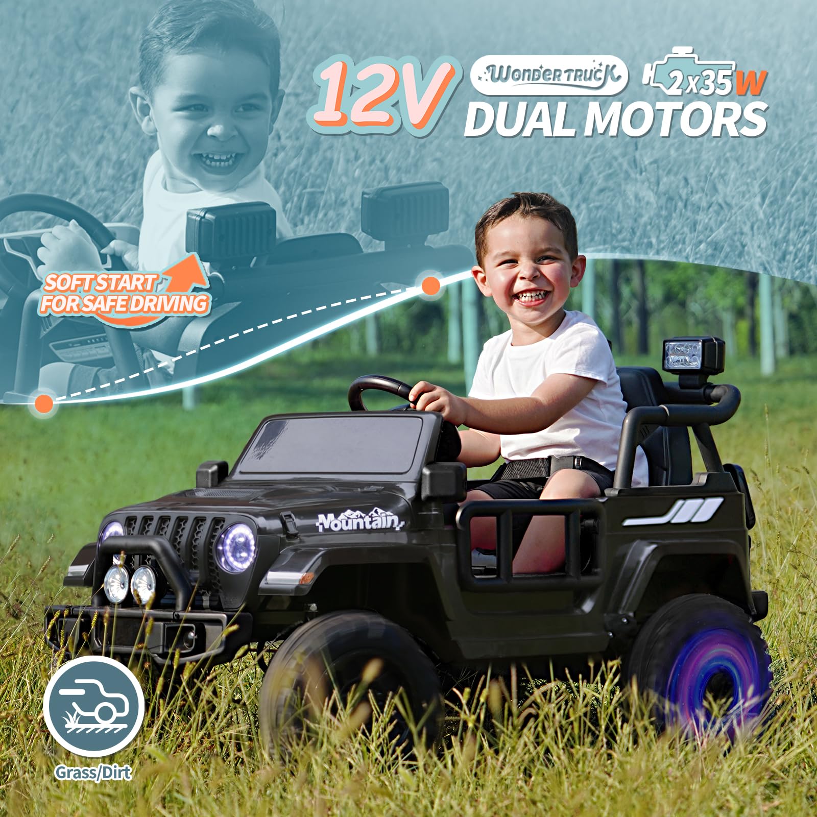 Joywhale 12V Kids Electric Ride-On Truck with Remote Control - 4-Wheel Suspension, LED Lights, Music & FM Radio, Seat Belt - Battery Powered Motorized Car for Boys & Girls (Black) | Perfect for Indoor & Outdoor Play, Birthday Gifts, and Backyard Adventures