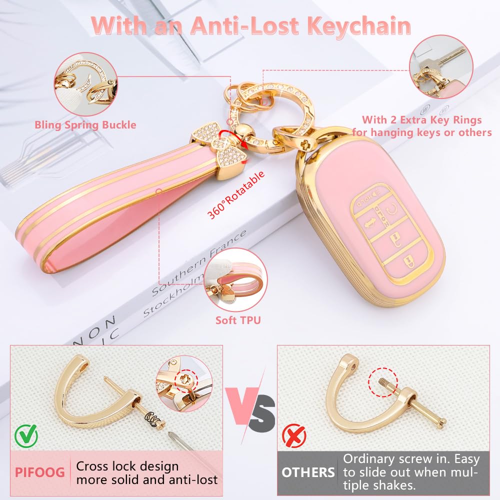 PIFOOG Pink Gold Key Fob Cover for Honda CRV HRV Civic Accord Pilot 2023 2024 - 5 Buttons TPU Key Case Shell Protector, Bling Keychain Accessories for Women (Perfect for Daily Use & Car Key Protection)