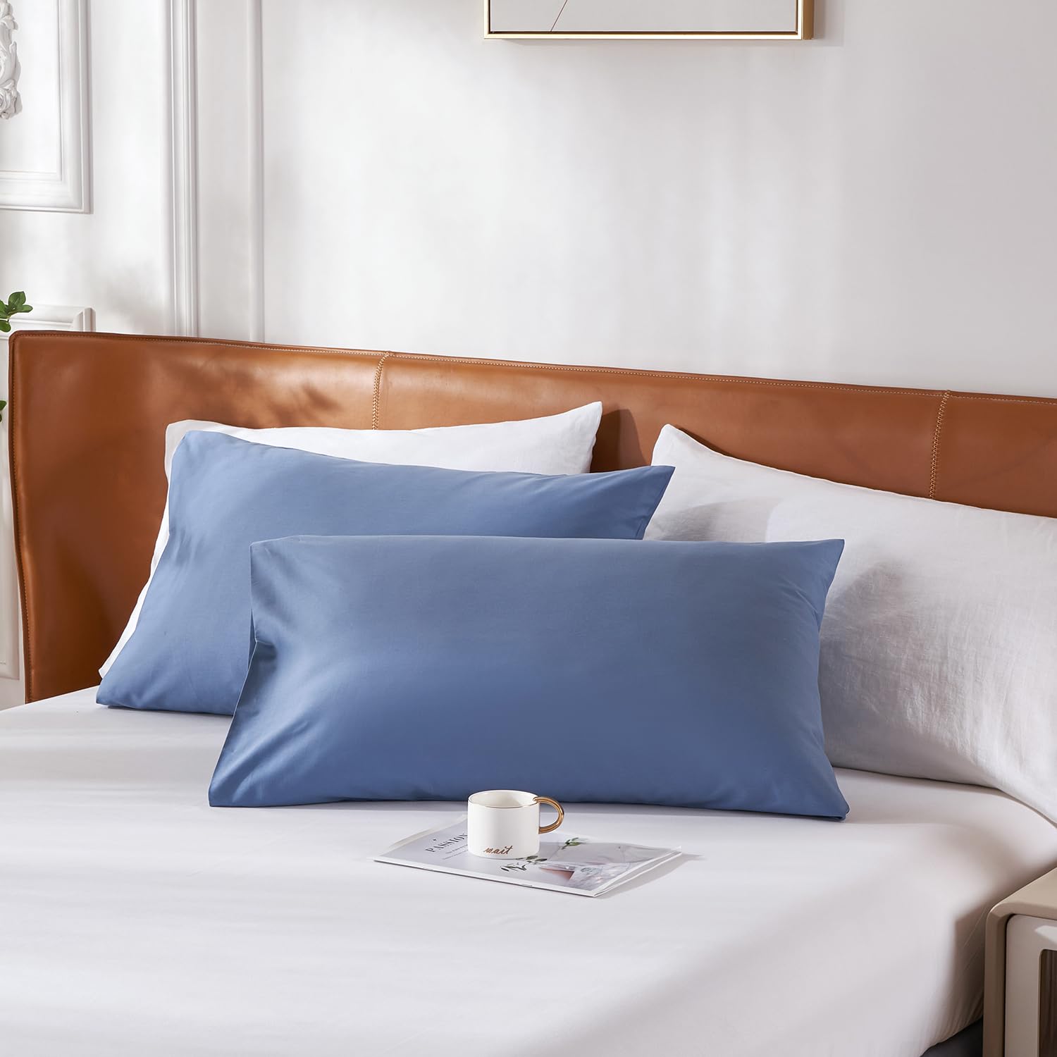 Premium 100% Cotton Queen Size Pillowcases Set of 2 - 20x30 Inches Super Soft & Breathable Envelope Closure Blue Pillow Covers for Bedroom, Hotel, or Guest Room - Durable & Hypoallergenic Bedding Accessories
