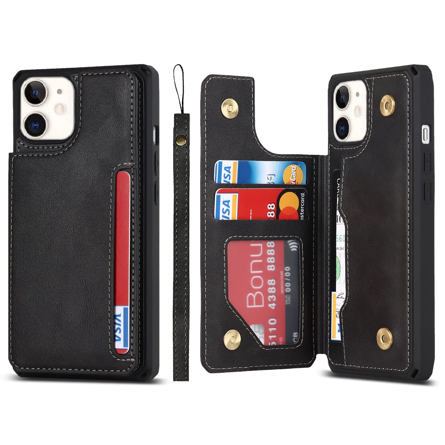 Premium iPhone 11 Wallet Case with Card Holder & Strap Kickstand - Magnetic Clasp Shockproof Flip Cover for Women & Men (Black) - Perfect for Travel, Shopping & Everyday Use