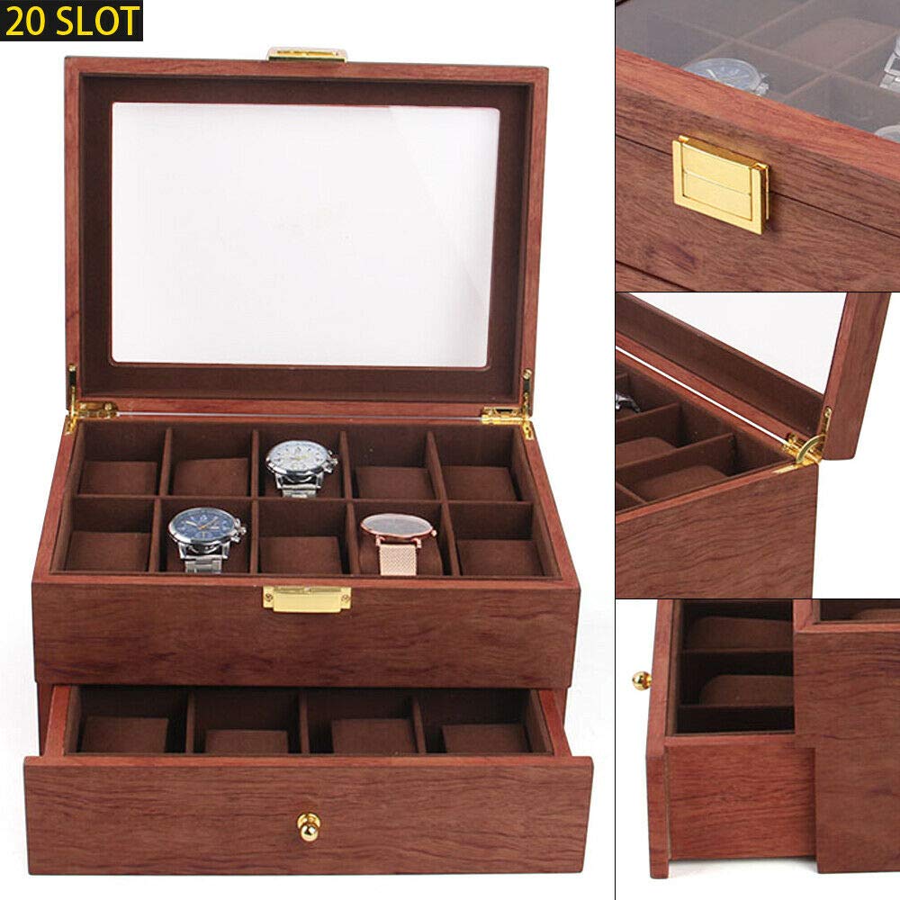 20-Slot Watch Organizer Box with Acrylic Top Lid - 2 Layer Wooden Watch Display Case for Men & Women - Perfect for Watch Collection Storage, Travel, and Gift Giving (Rosewood)