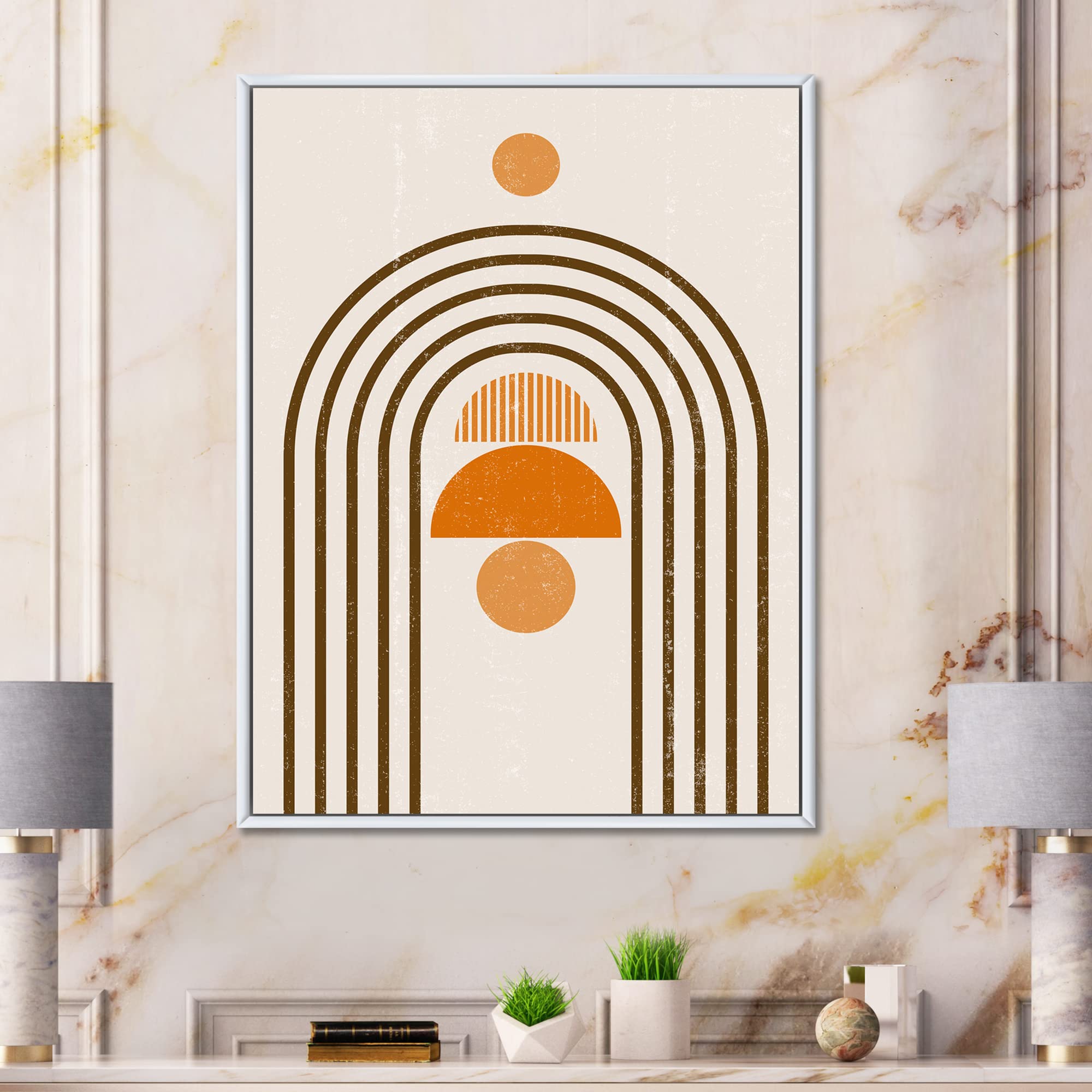 Abstract Rainbow Sun and Moon Earth Tone Framed Canvas Wall Art - Modern Home Decor for Living Room, Bedroom & Office