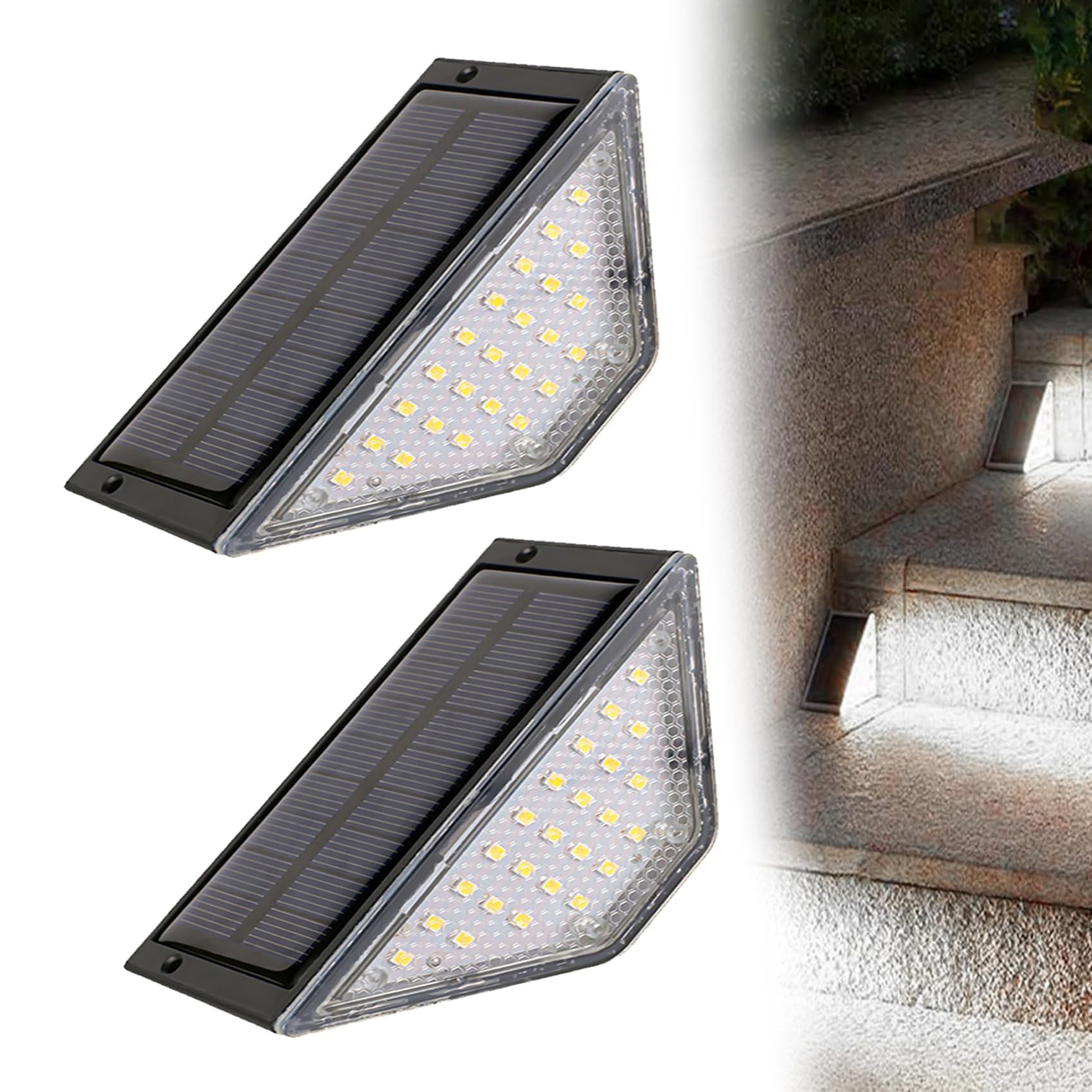 Solar Stair Lights Outdoor Waterproof - 2PCS White LED Solar Step Lights for Instant Curb Appeal, Triangle Design, Dusk to Dawn Auto On/Off - Perfect for Stairs, Pathways, Garden, and Patio Decor