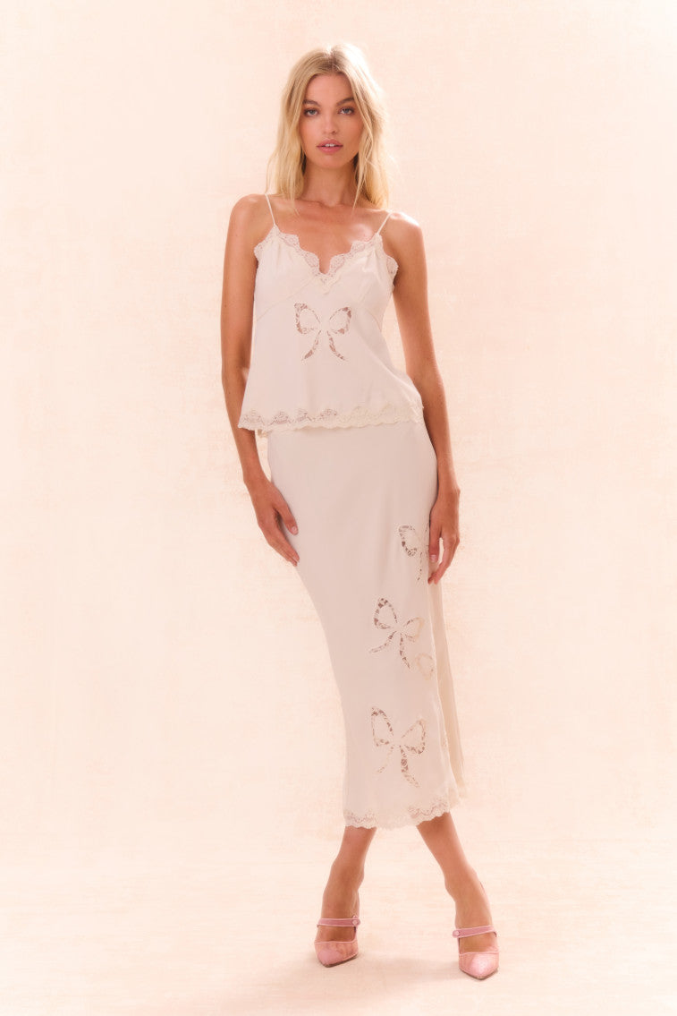 Darion Women's Scallop Lace Bow Midi Skirt - Elegant Floral Embroidery A-Line Skirt for Spring Summer, Perfect for Date Night, Wedding Guest & Office Wear