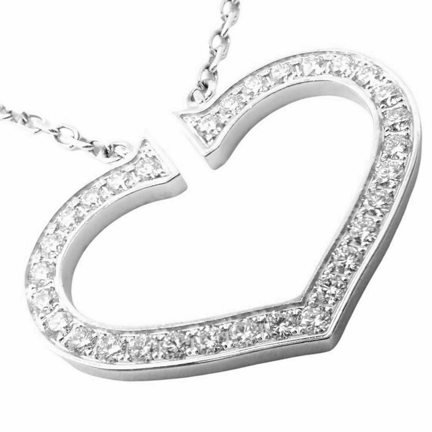 Authentic Cartier 18K White Gold Diamond Large C Heart Pendant Necklace for Women - Luxury Valentine's Day Gift & Anniversary Jewelry for Her
